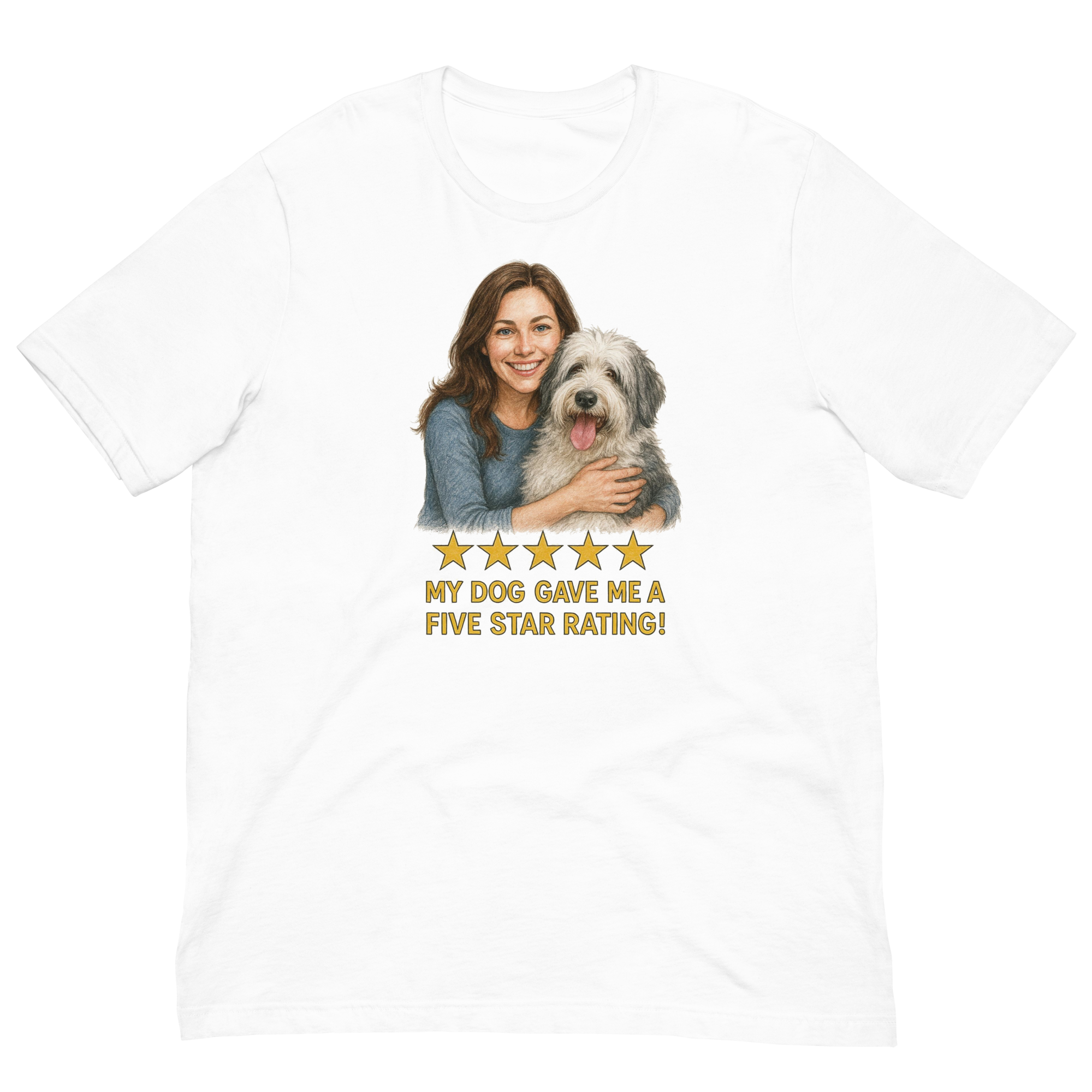 Brunette Woman with Sheepdog graphic tee - white