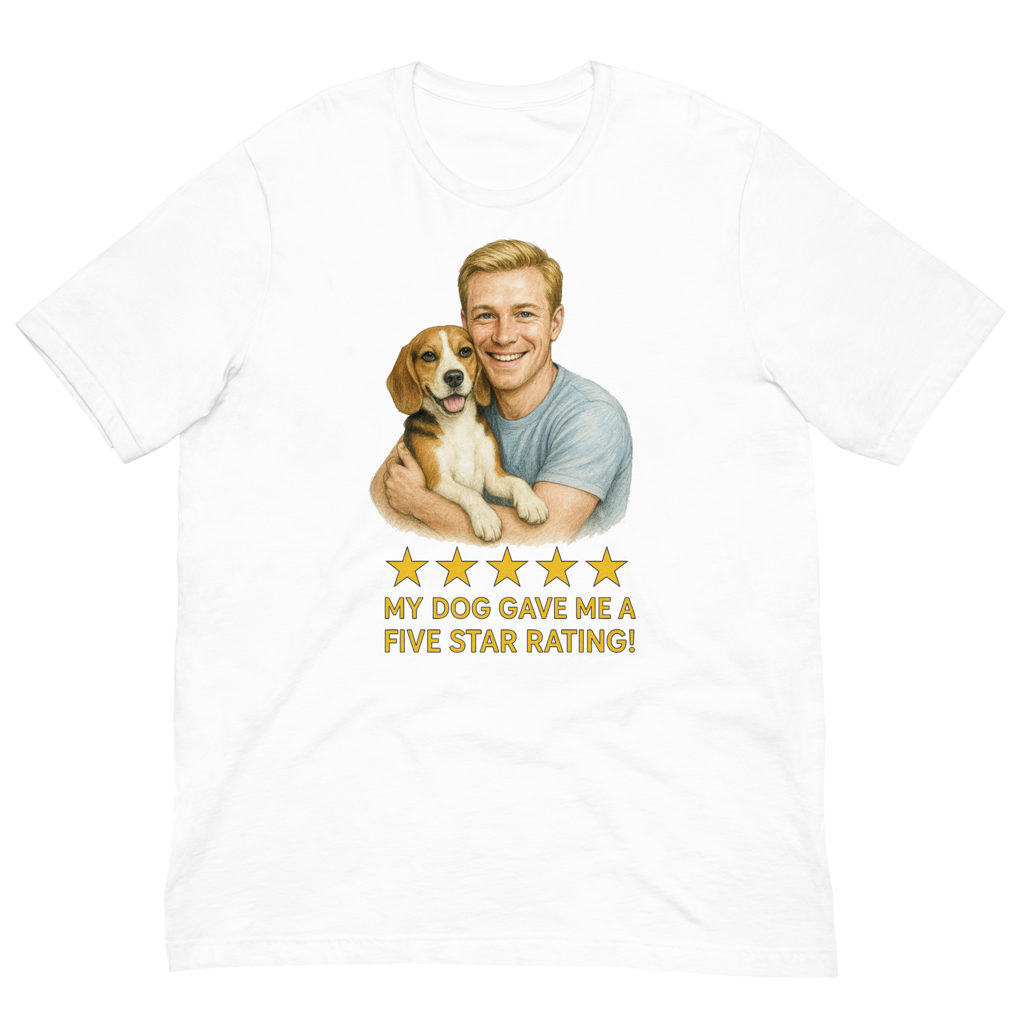 Blonde Man with Beagle graphic tee.