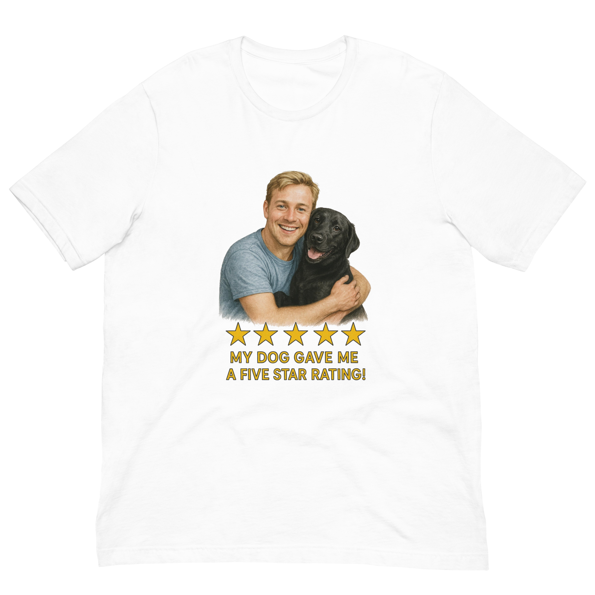 Blonde Man with Black Labrador graphic tee.