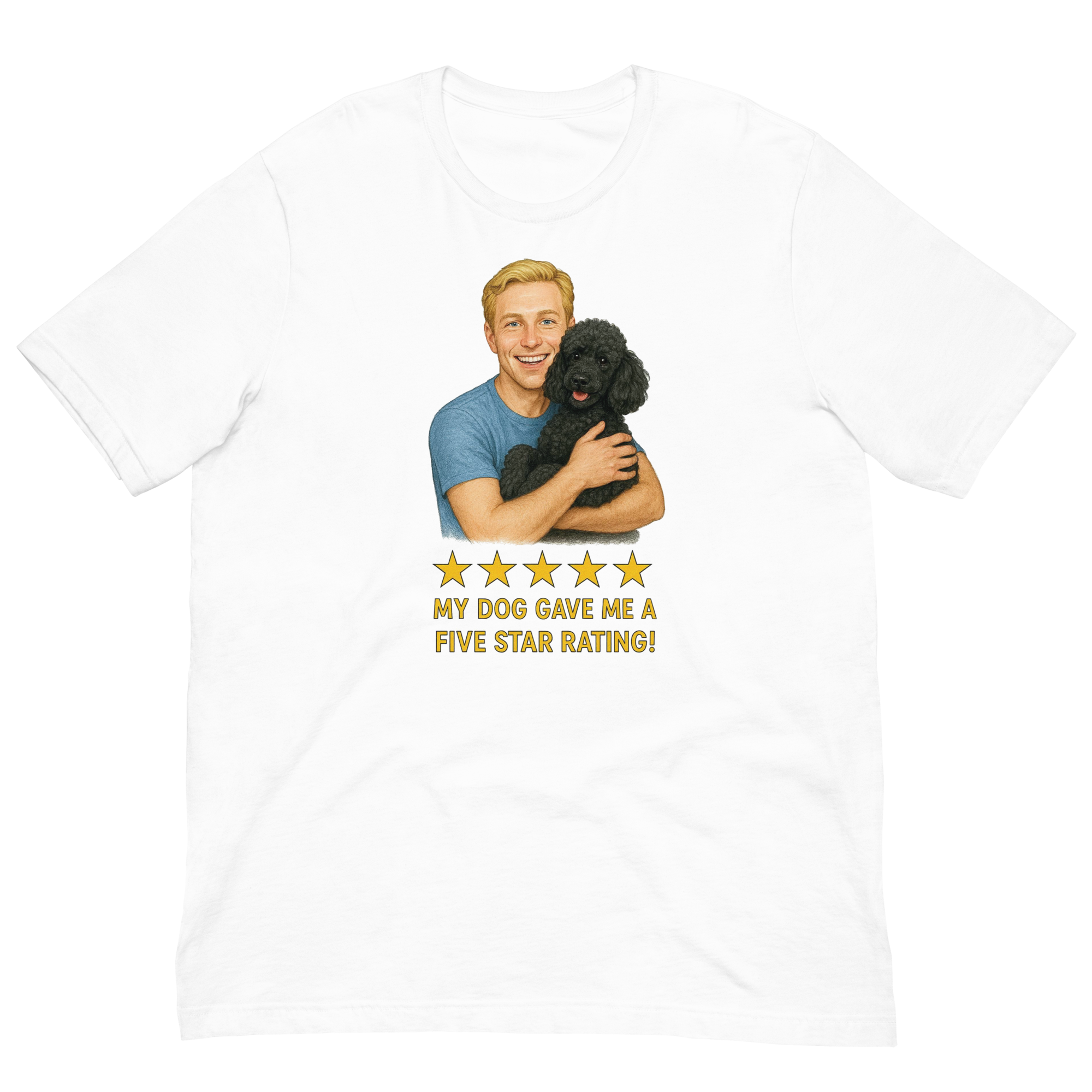 Blonde Man with Black Poodle graphic tee.