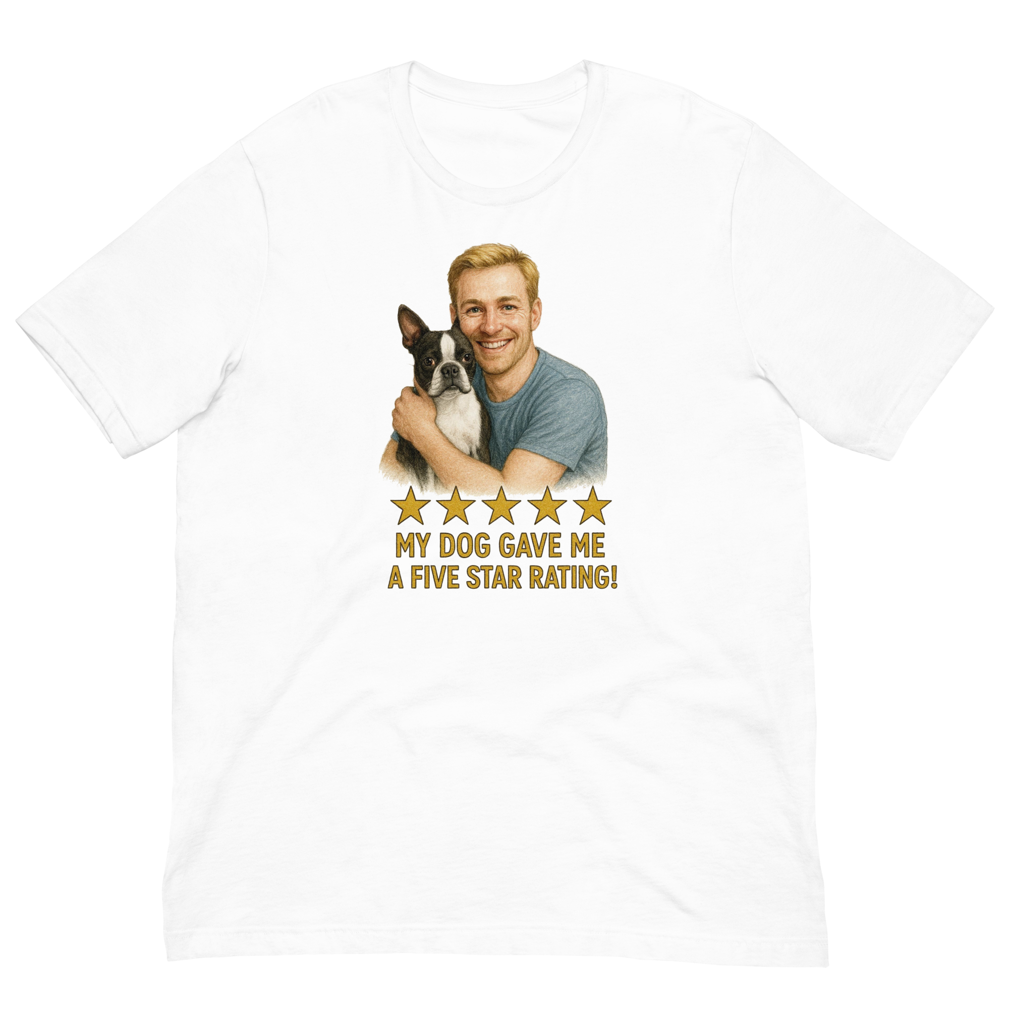 Blonde Man with Boston Terrier graphic tee.