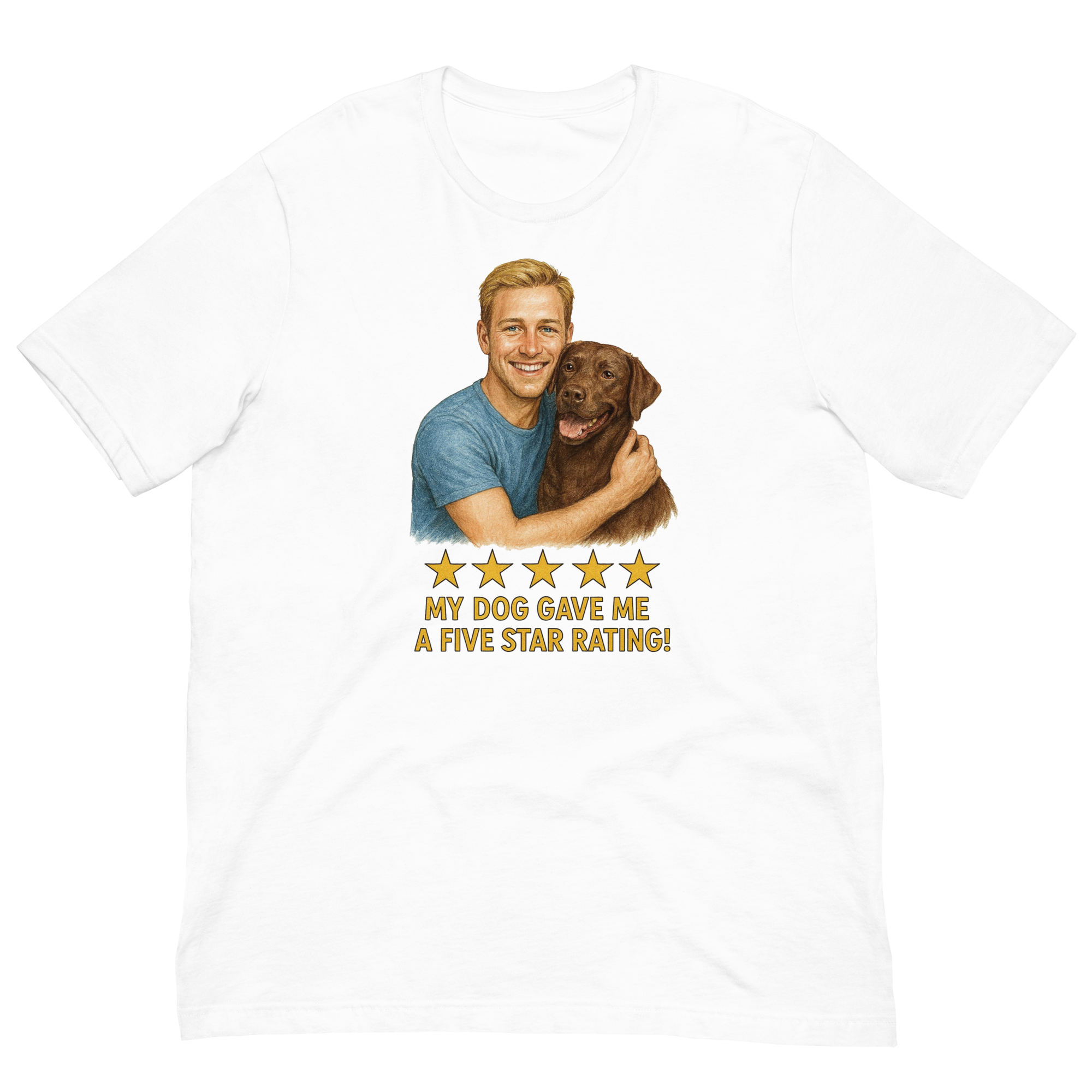 Blonde Man with Chocolate Labrador graphic tee.