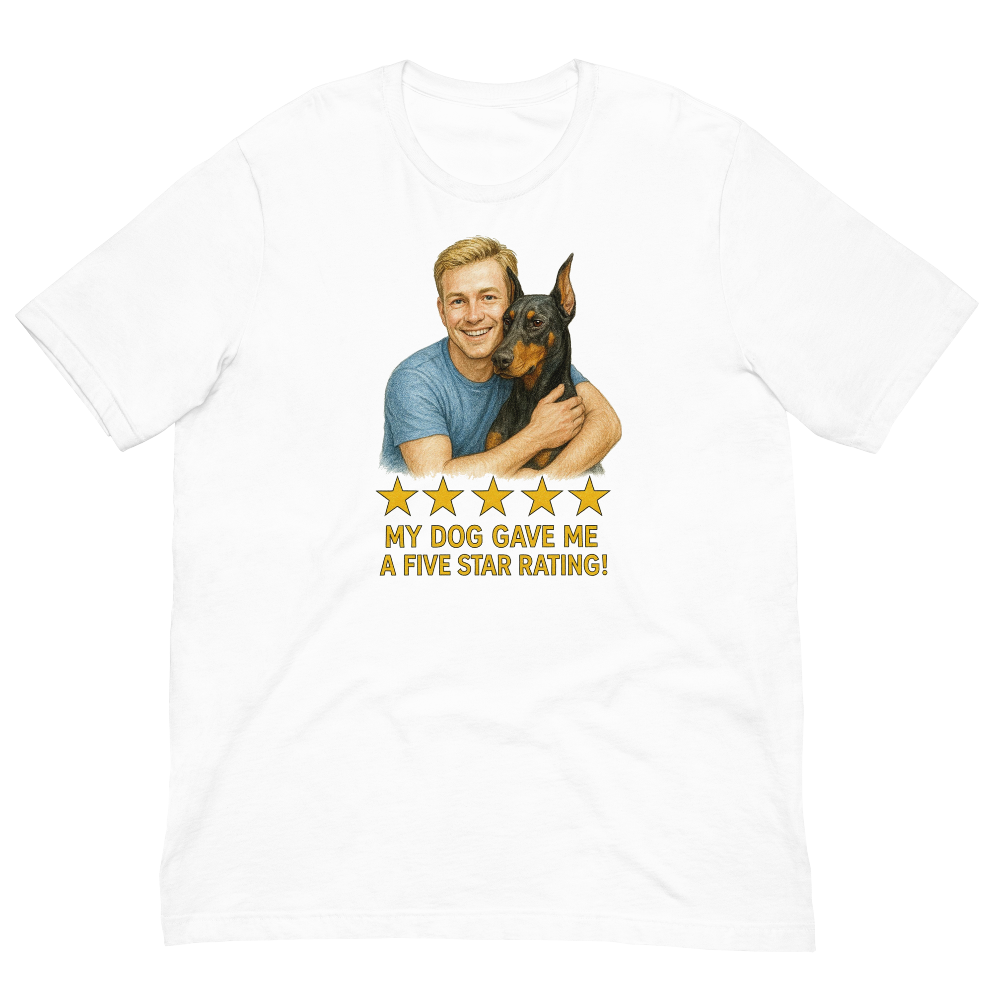 Blonde Man with Doberman Pinscher graphic tee.