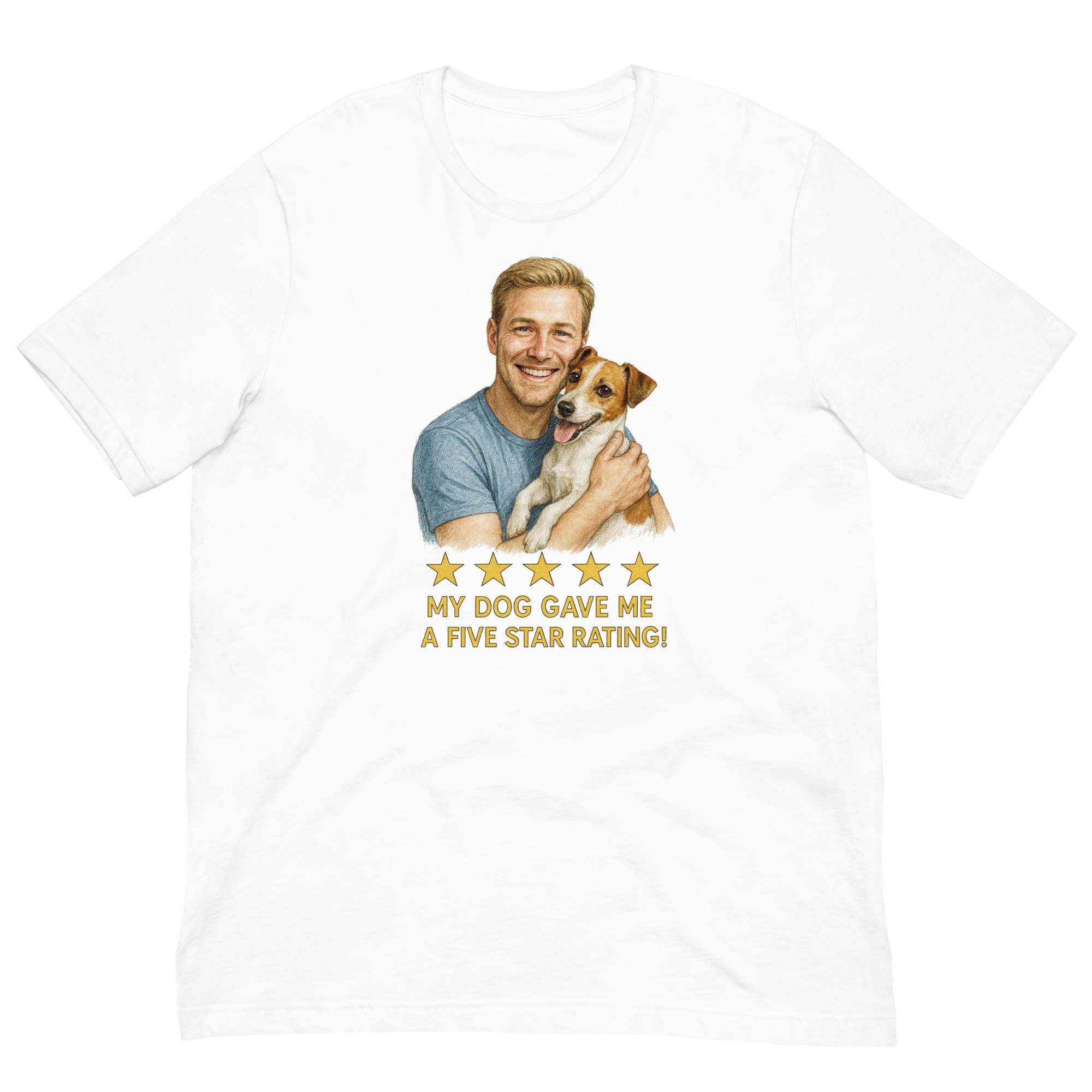 Blonde Man with Jack Russell Terrier graphic tee.