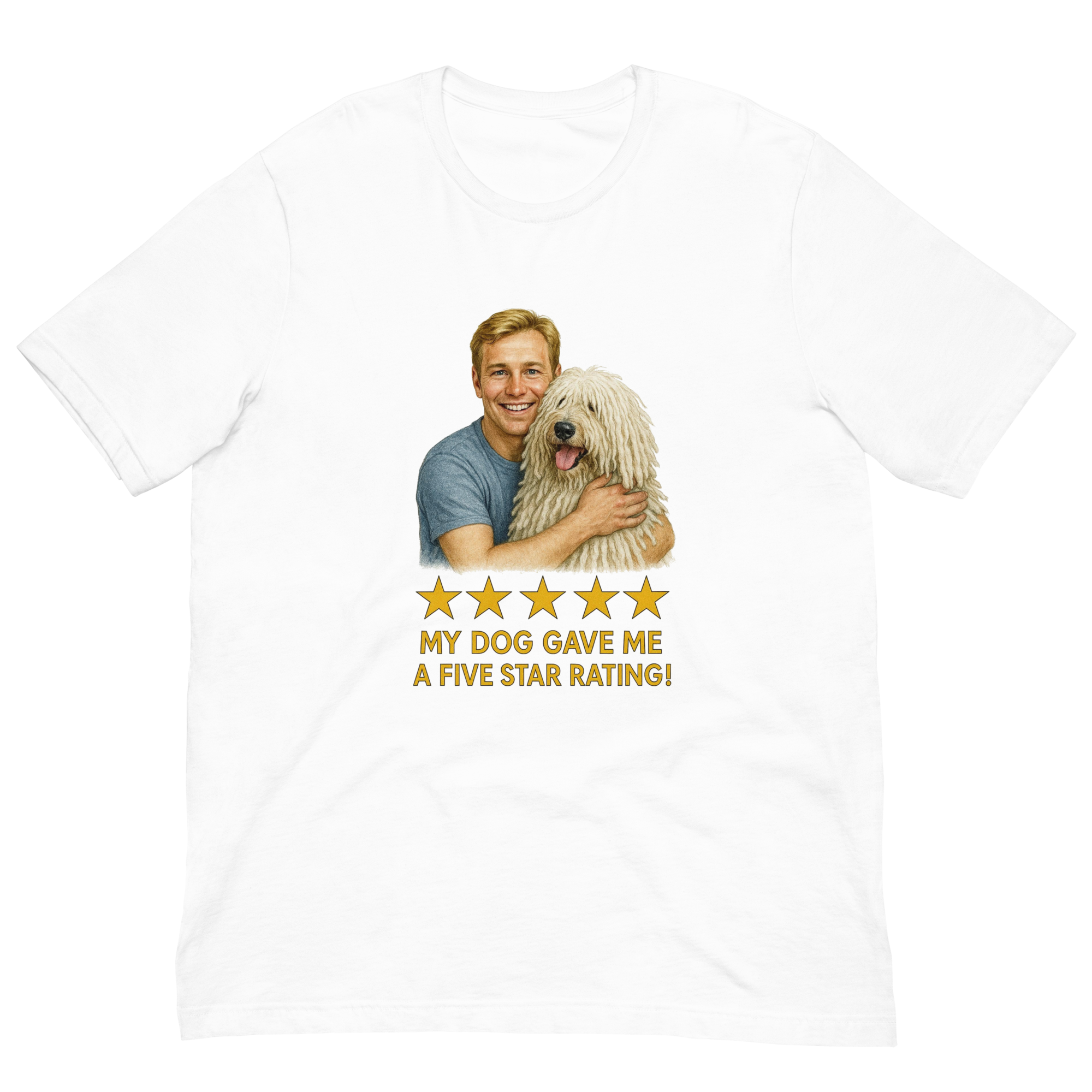 Blonde Man with Komondor graphic tee.
