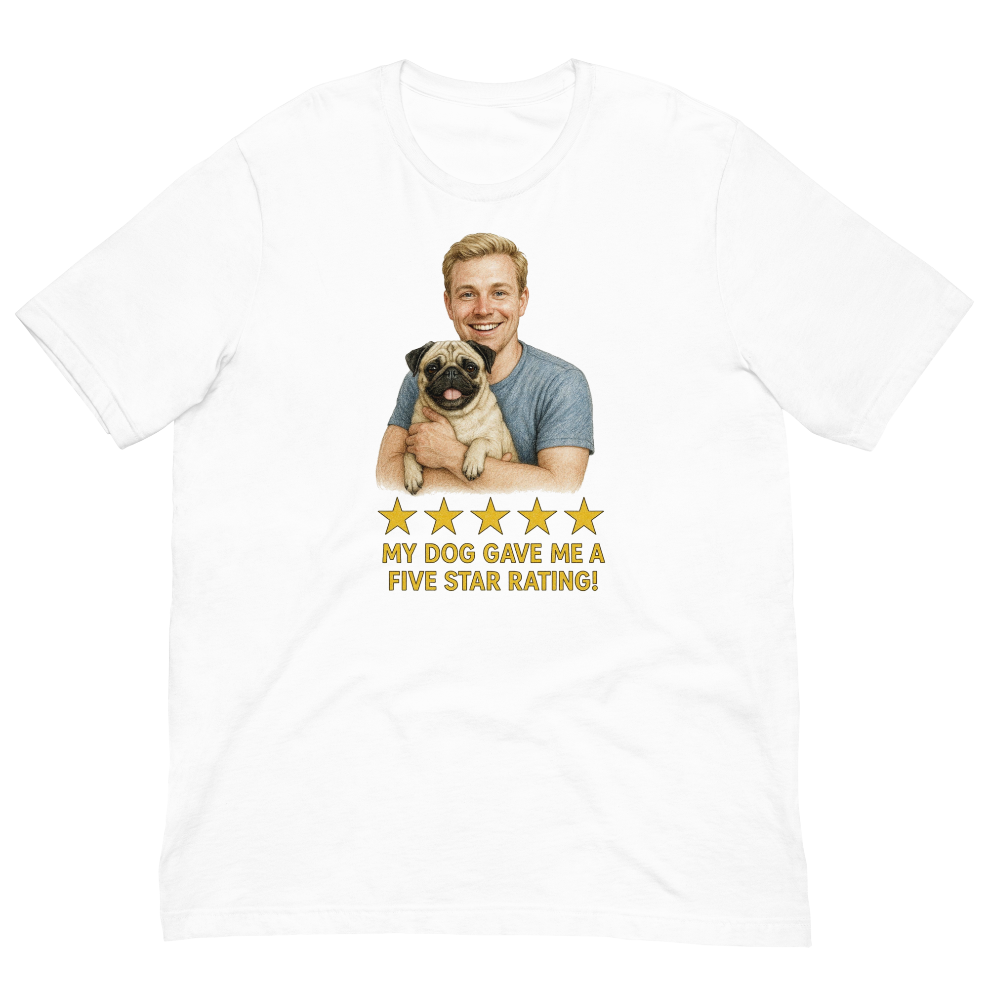 Blonde Man with Pug graphic tee.
