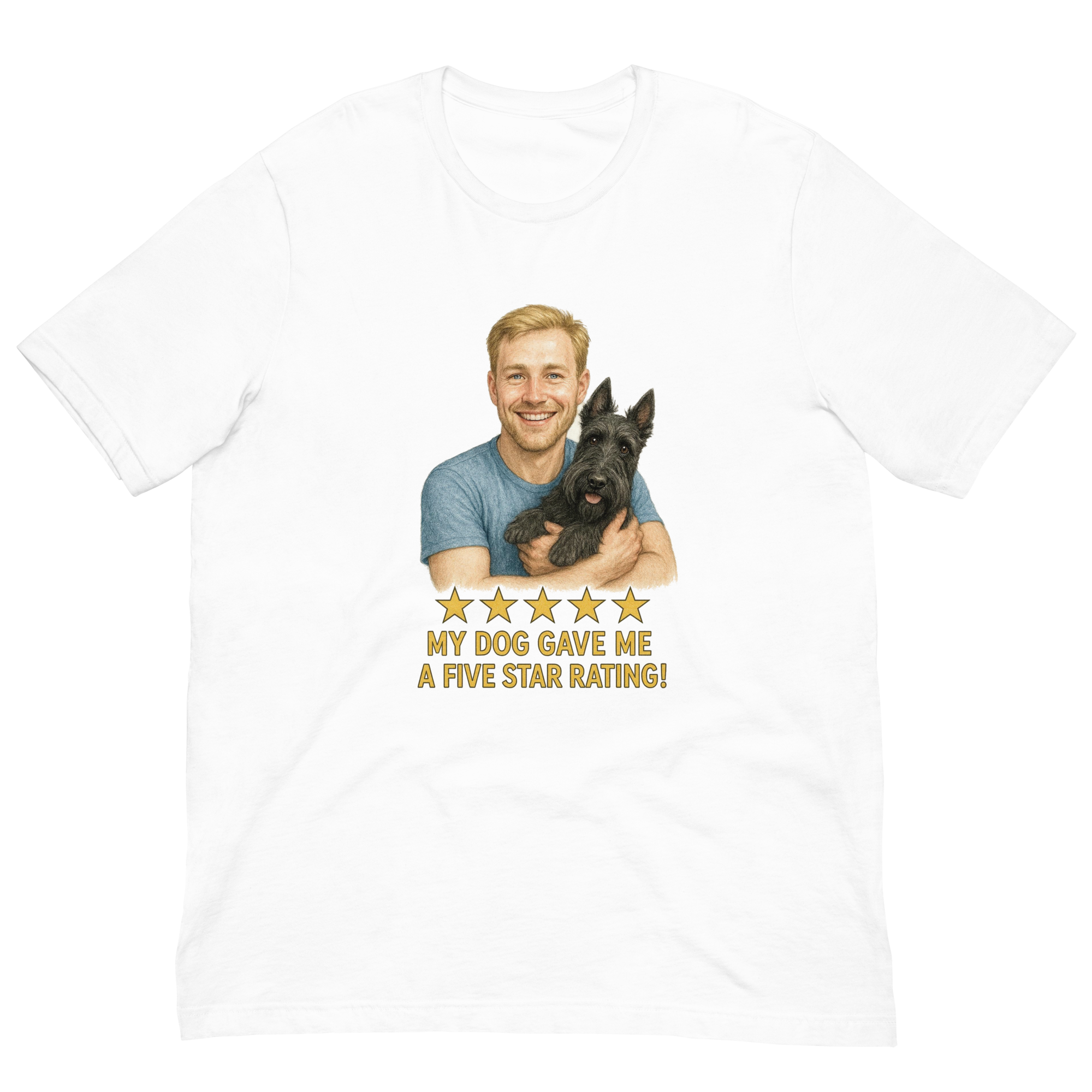 Blonde Man with Scottie graphic tee.