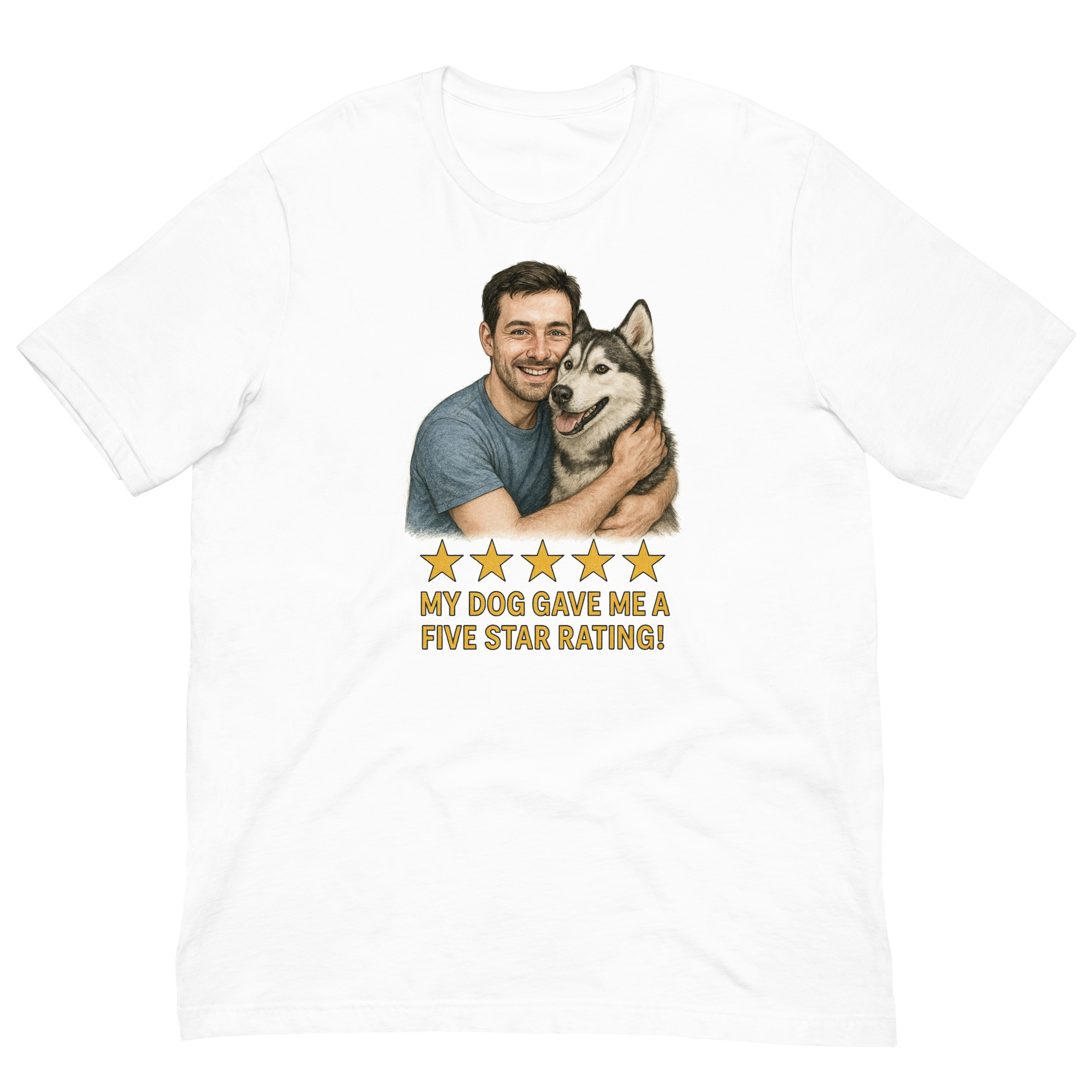 Brunette Man with Alaskan Husky graphic tee.