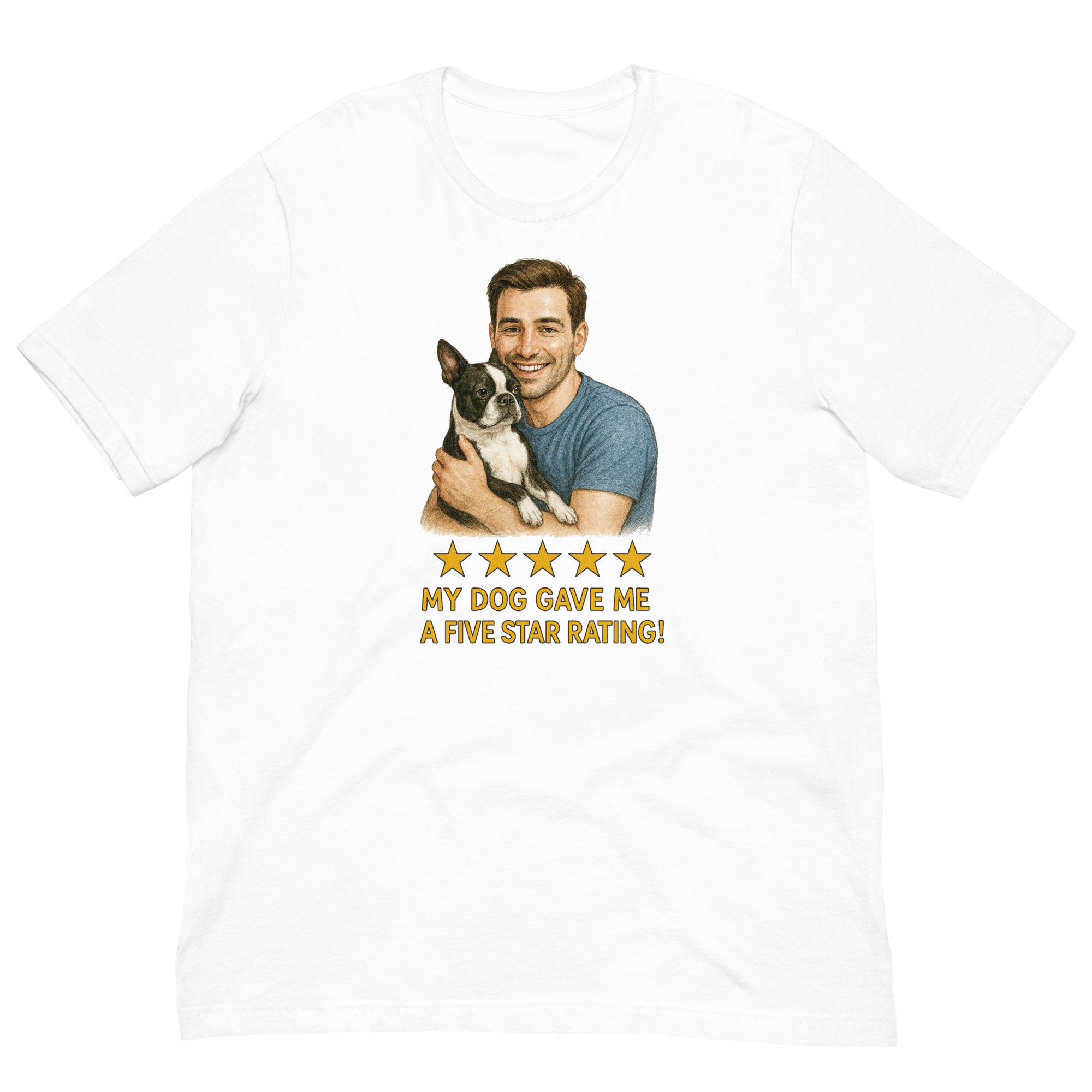 Brunette Man with Boston Terrier graphic tee.
