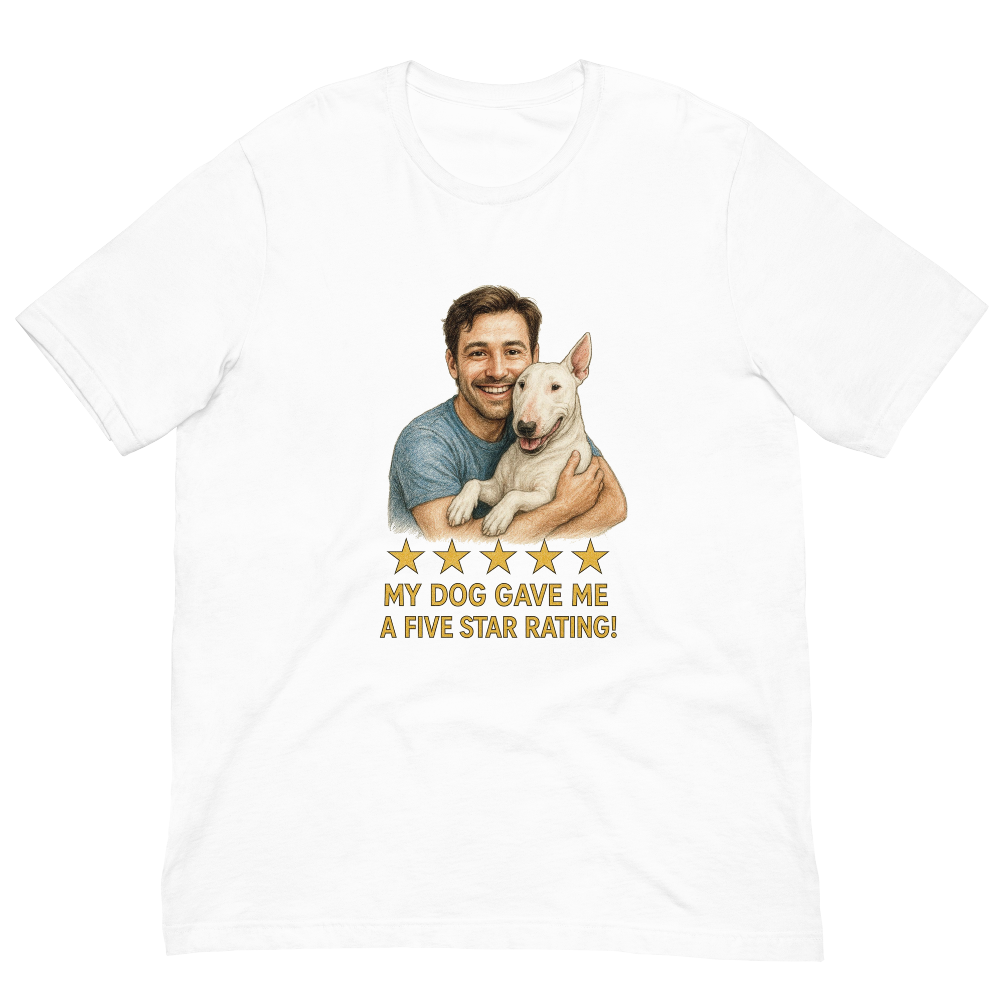 Brunette Man with Bull Terrier graphic tee.