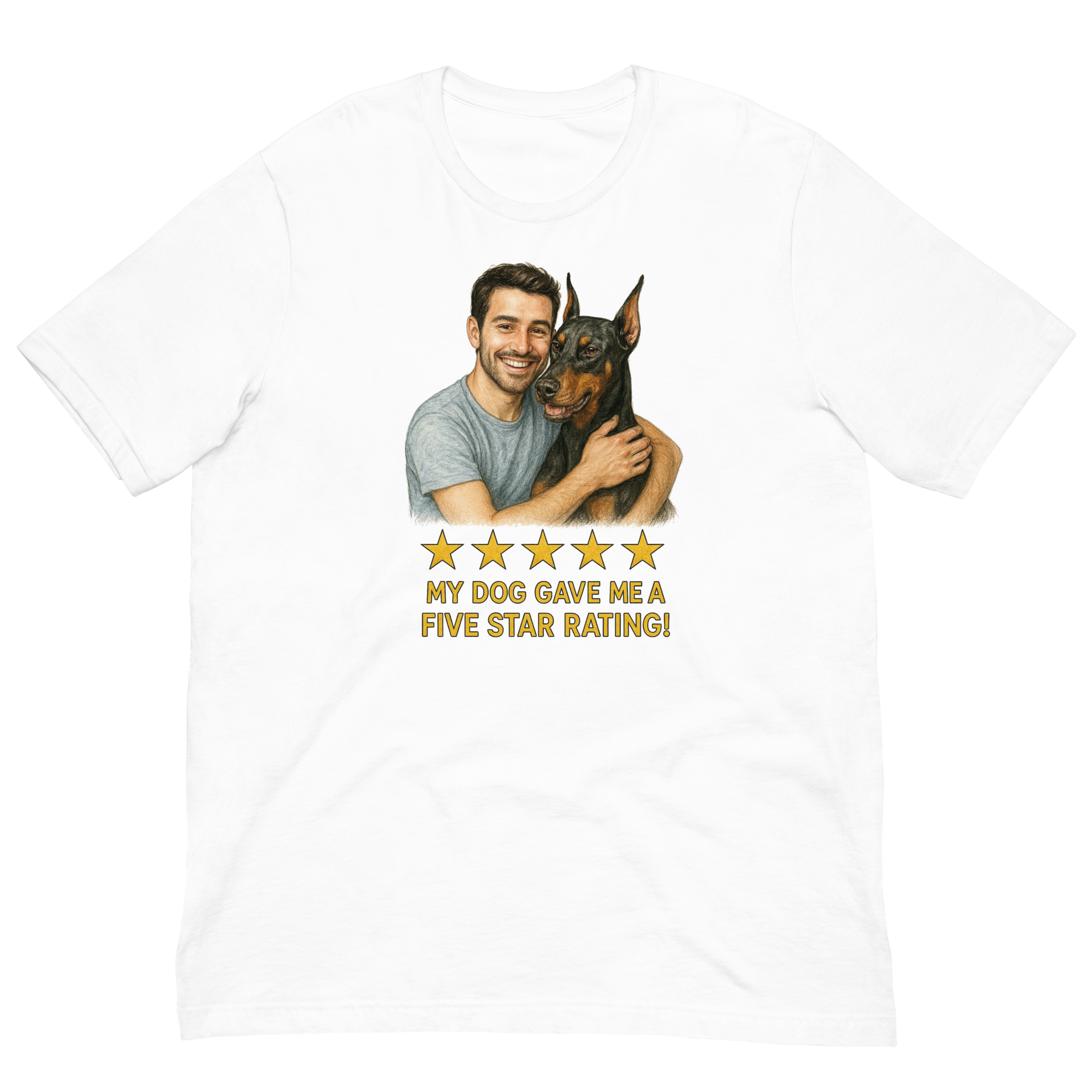Brunette Man with Doberman Pinscher graphic tee.