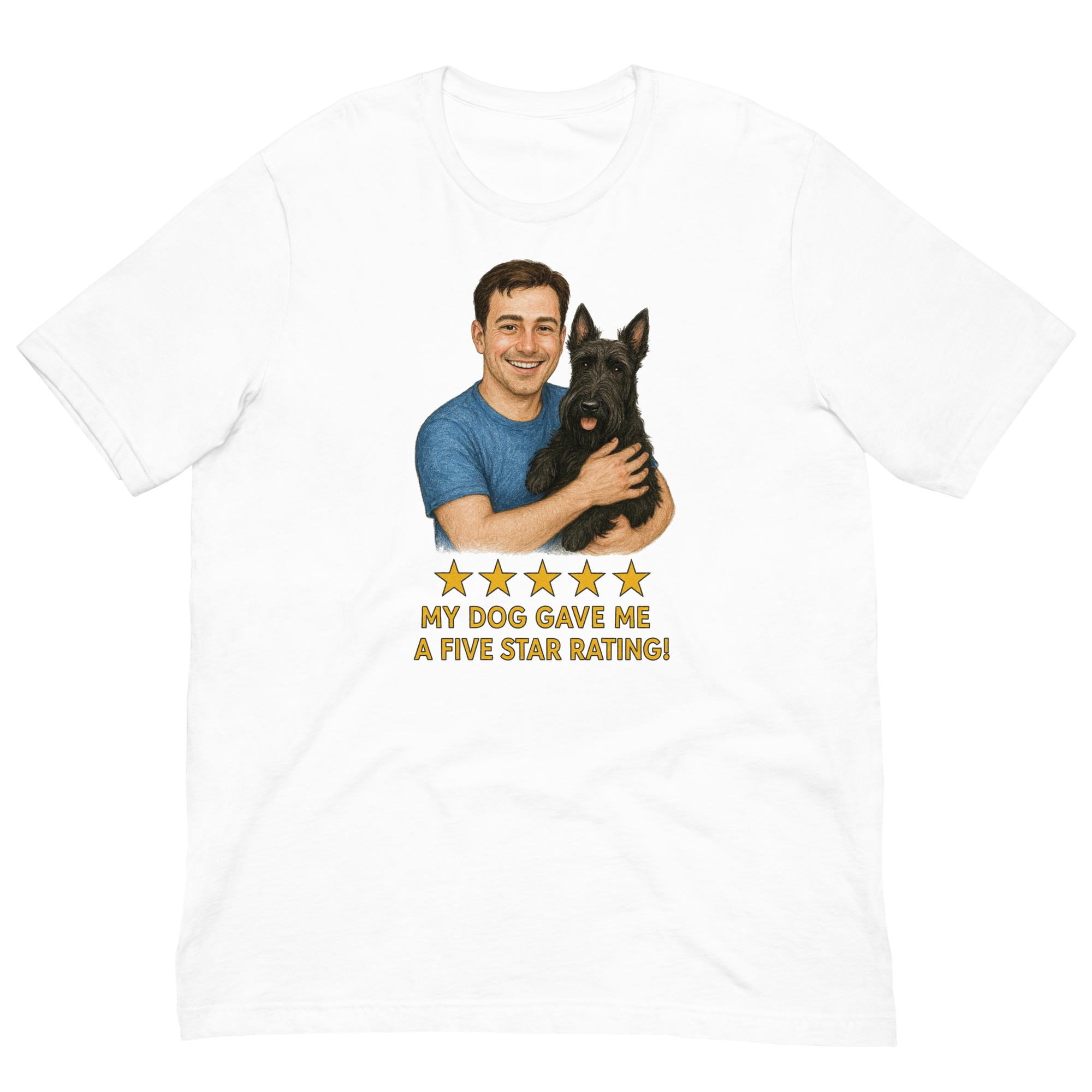 Brunette Man with Scottie graphic tee.