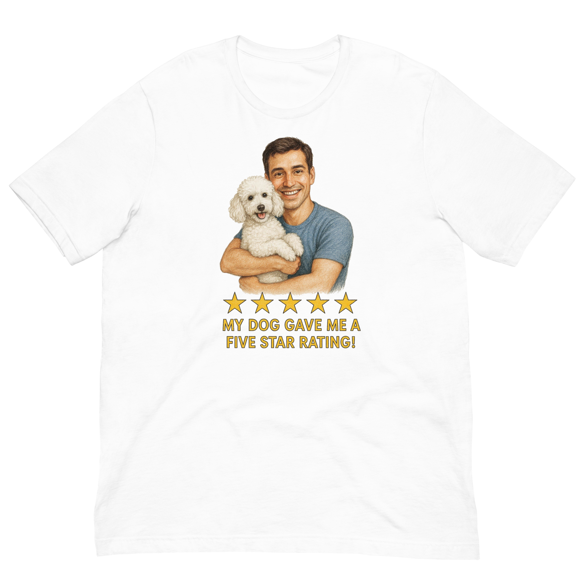 Brunette Man with White Poodle graphic tee.