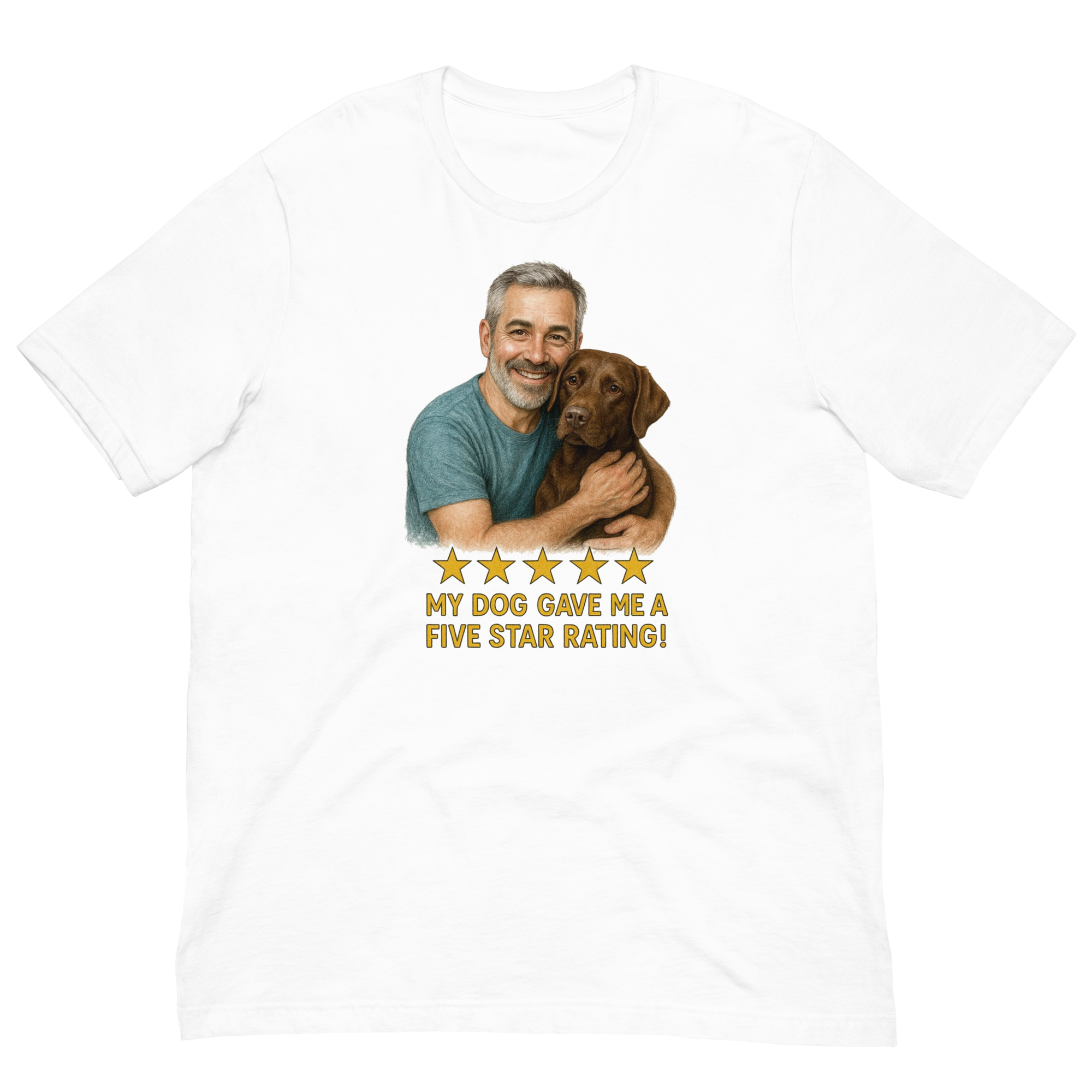 Salt & Pepper Man with Chocolate Labrador graphic tee.