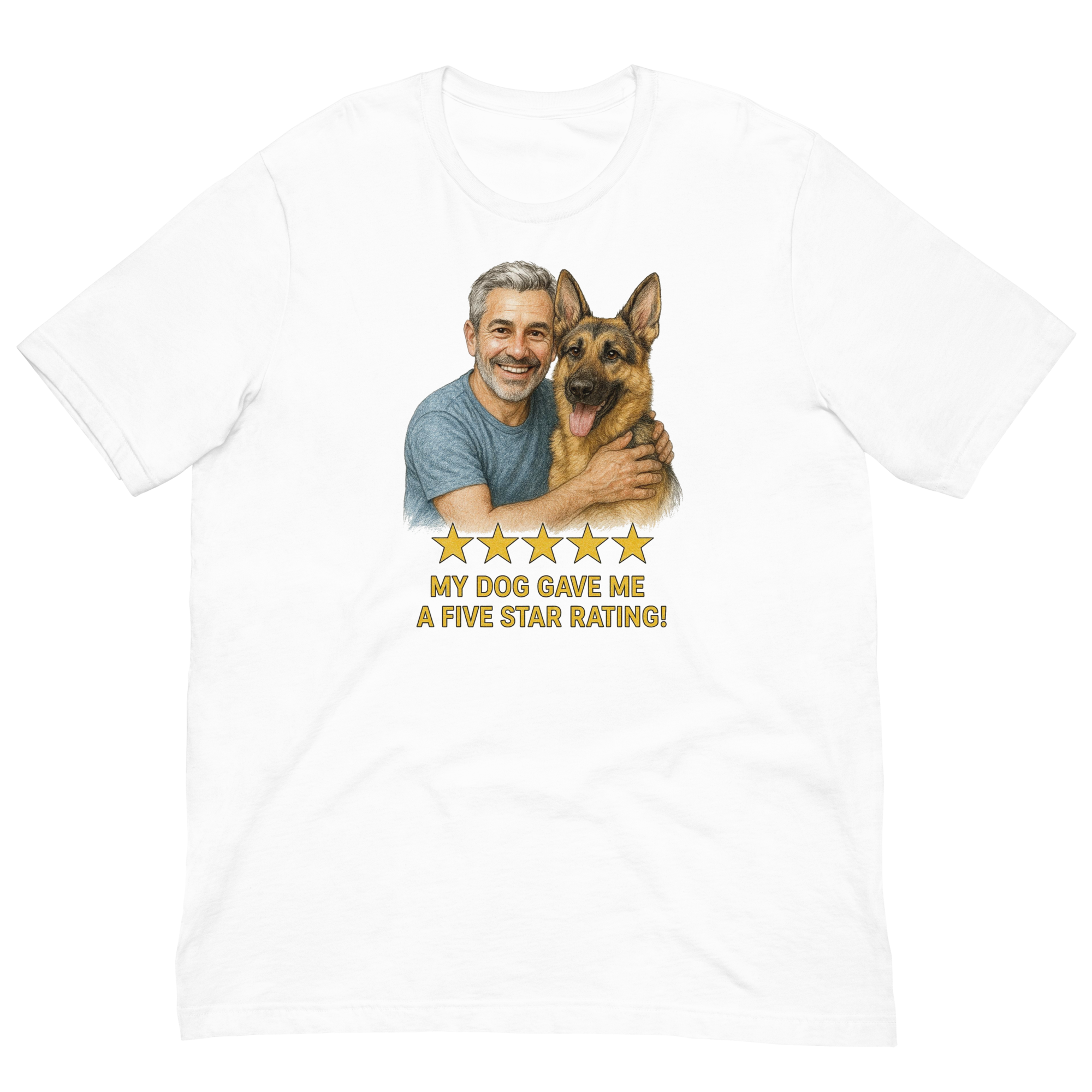 Salt & Pepper Man with German Shepherd graphic tee.
