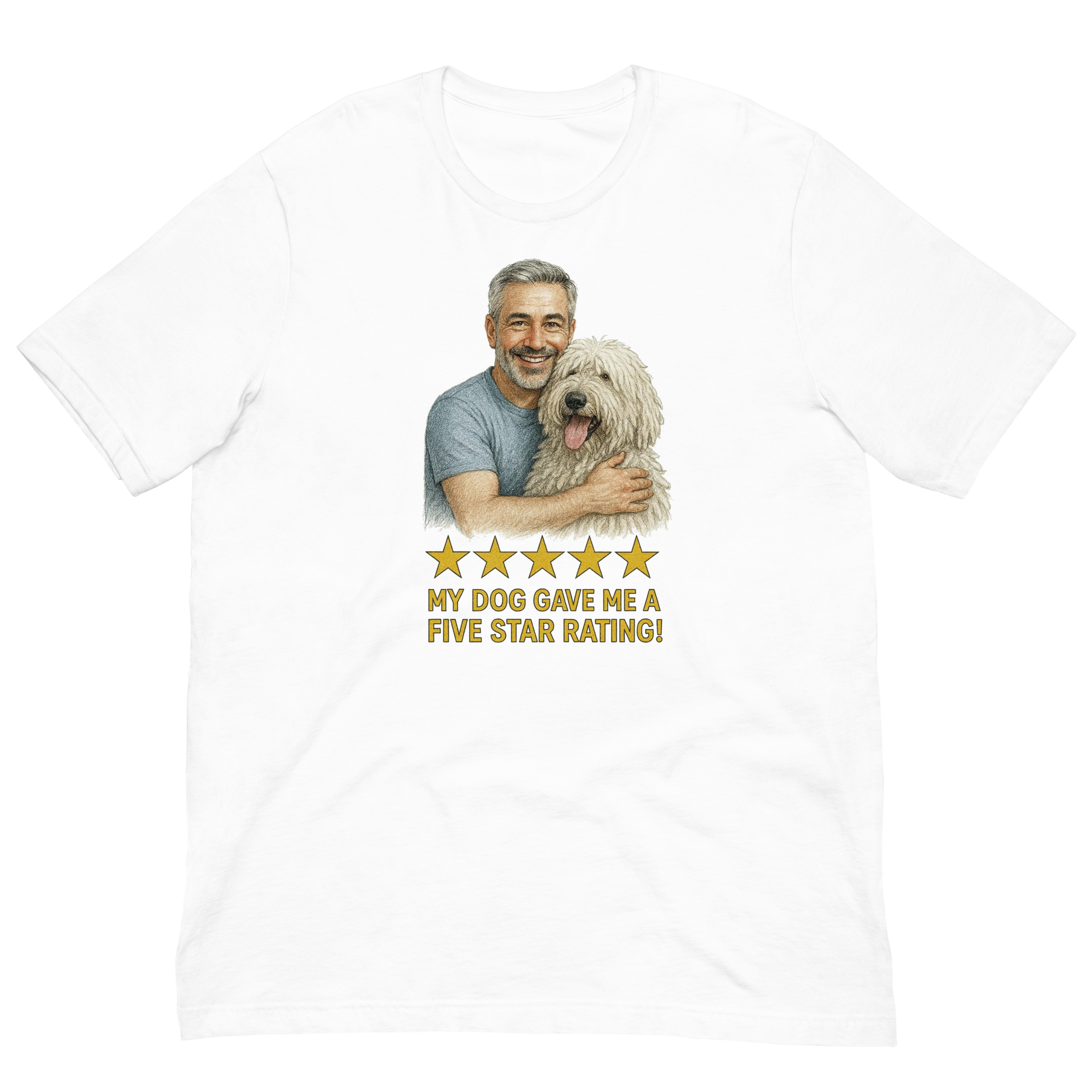 Salt & Pepper Man with Komondor graphic tee.