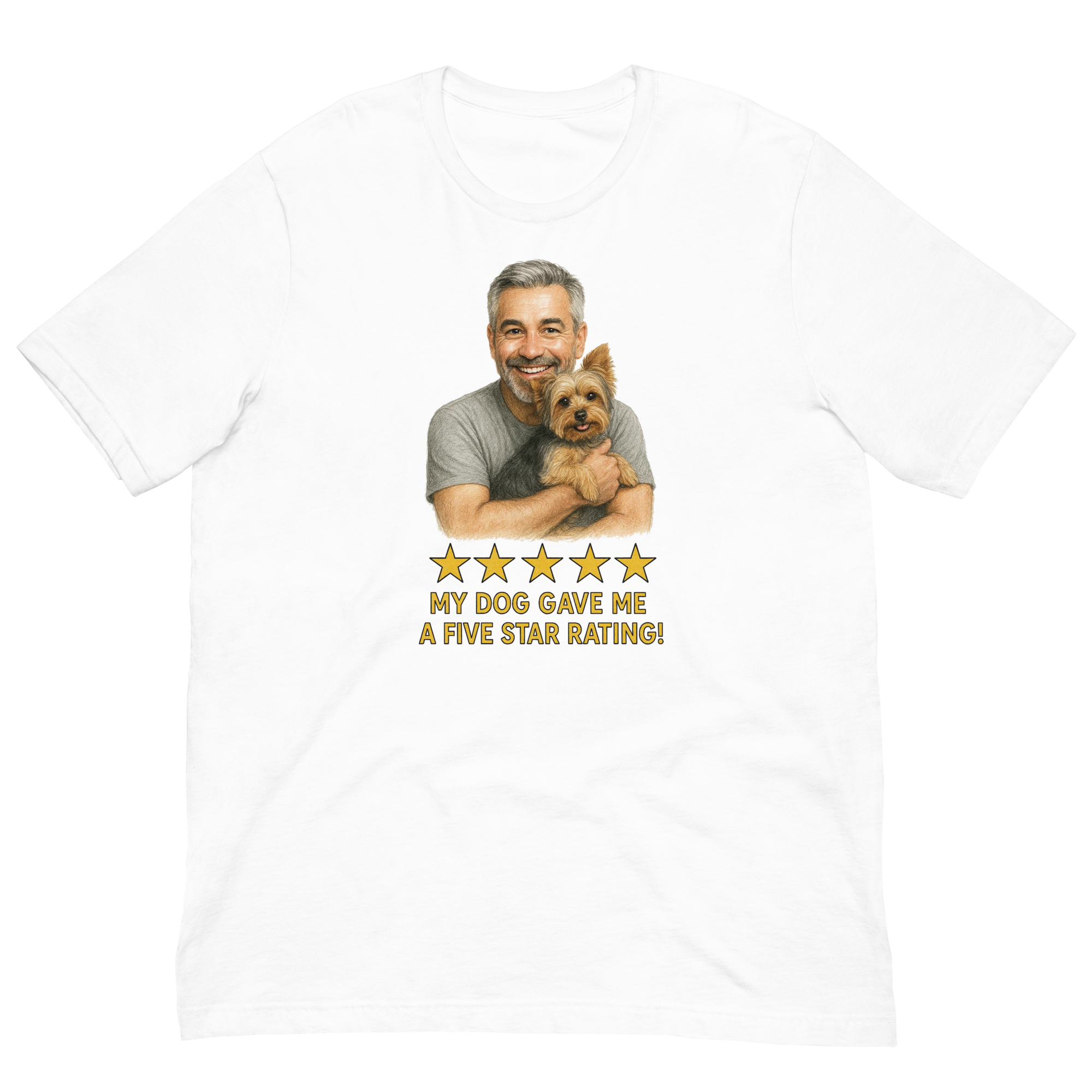 Salt & Pepper Man with Yorkie graphic tee.
