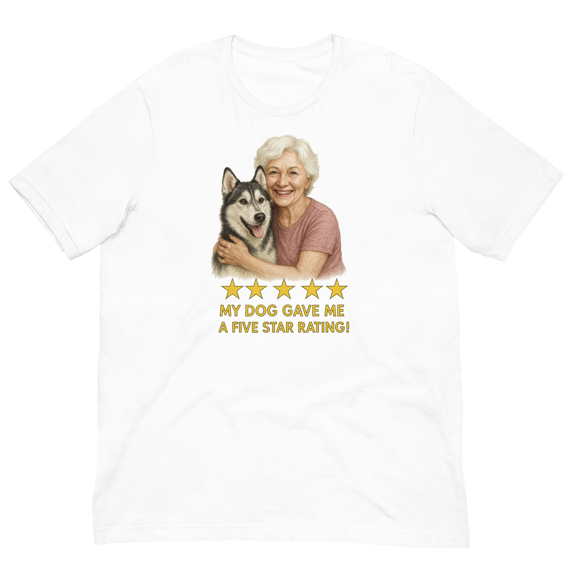 White Hair Woman with Alaskan Husky graphic tee.