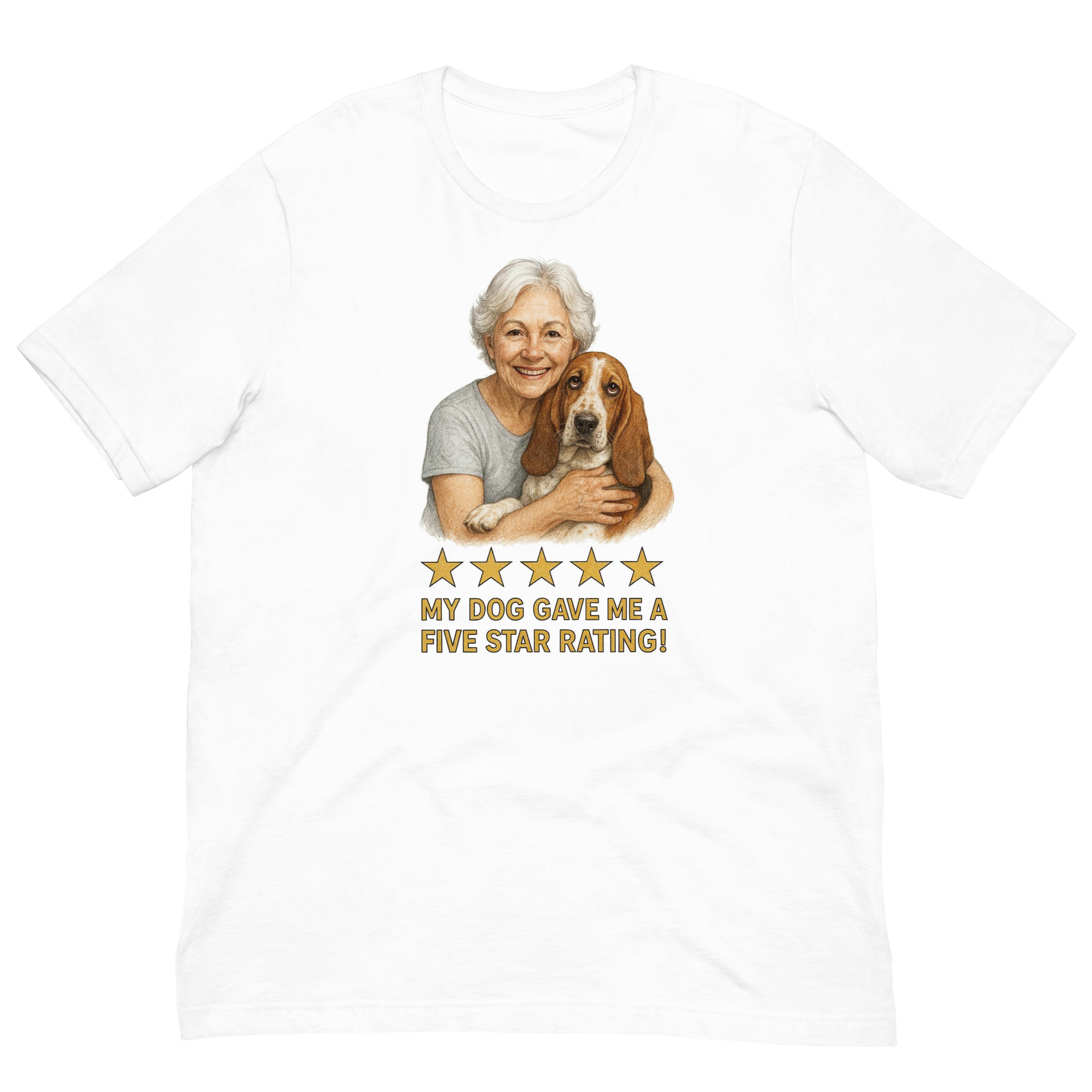White Hair Woman with Basset Hound graphic tee.
