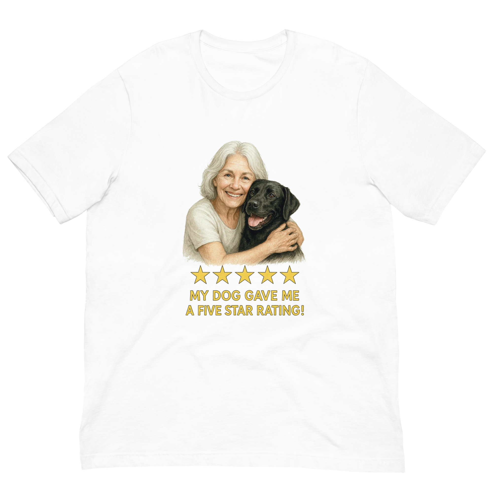 White Hair Woman with Black Labrador graphic tee.