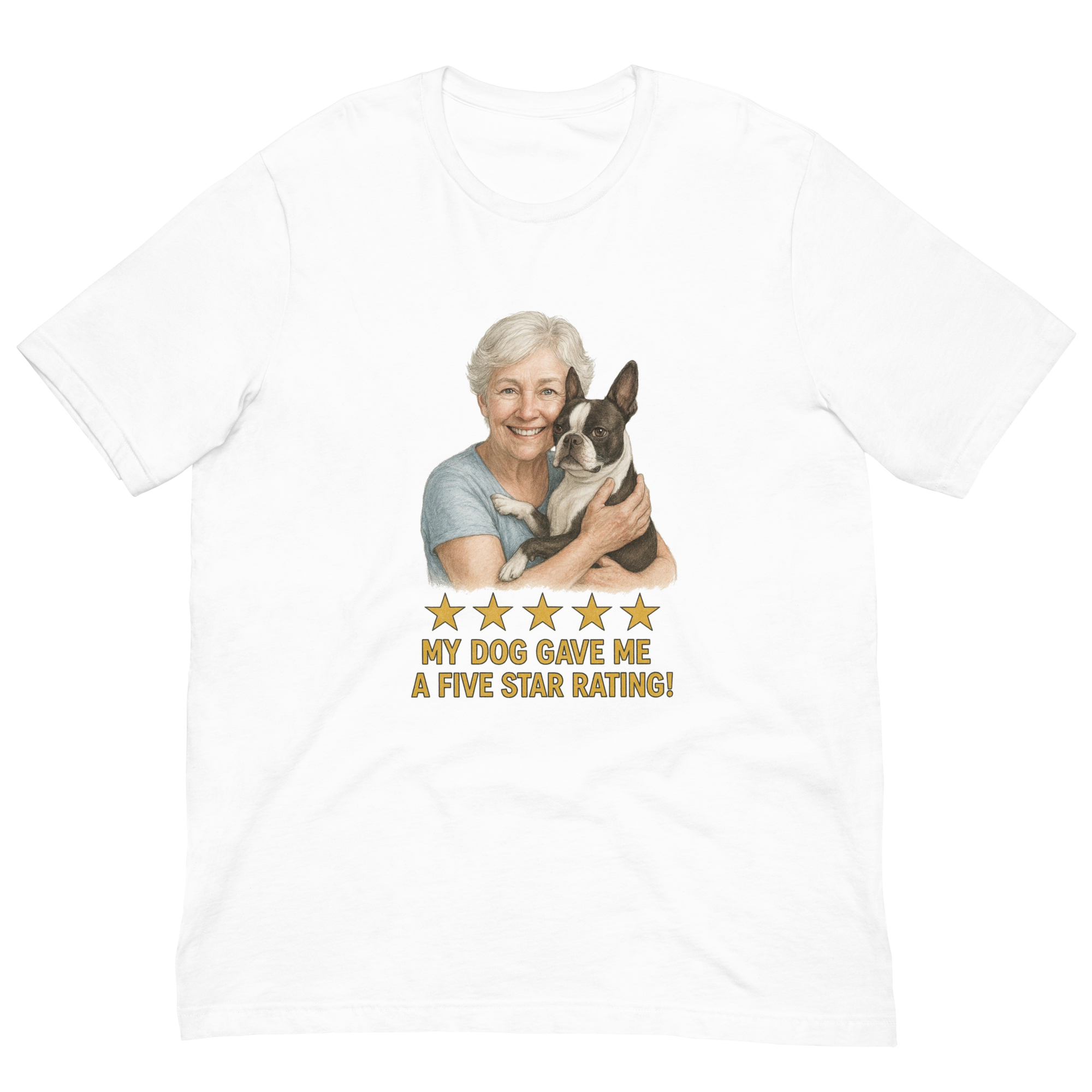 White Hair Woman with Boston Terrier graphic tee.