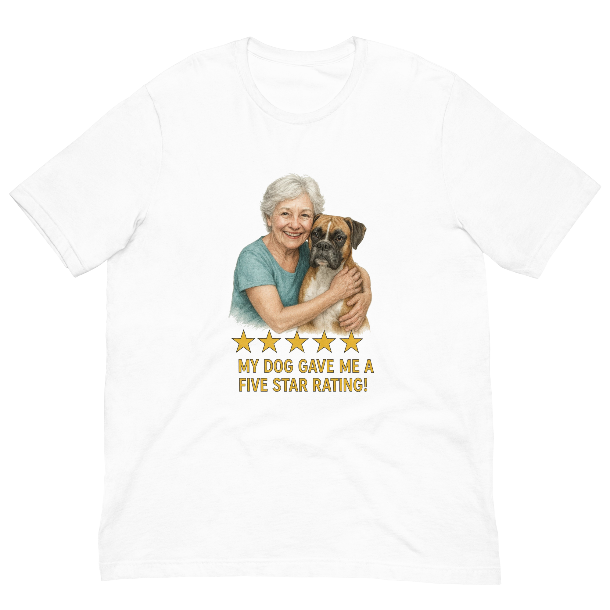 White Hair Woman with Boxer graphic tee.
