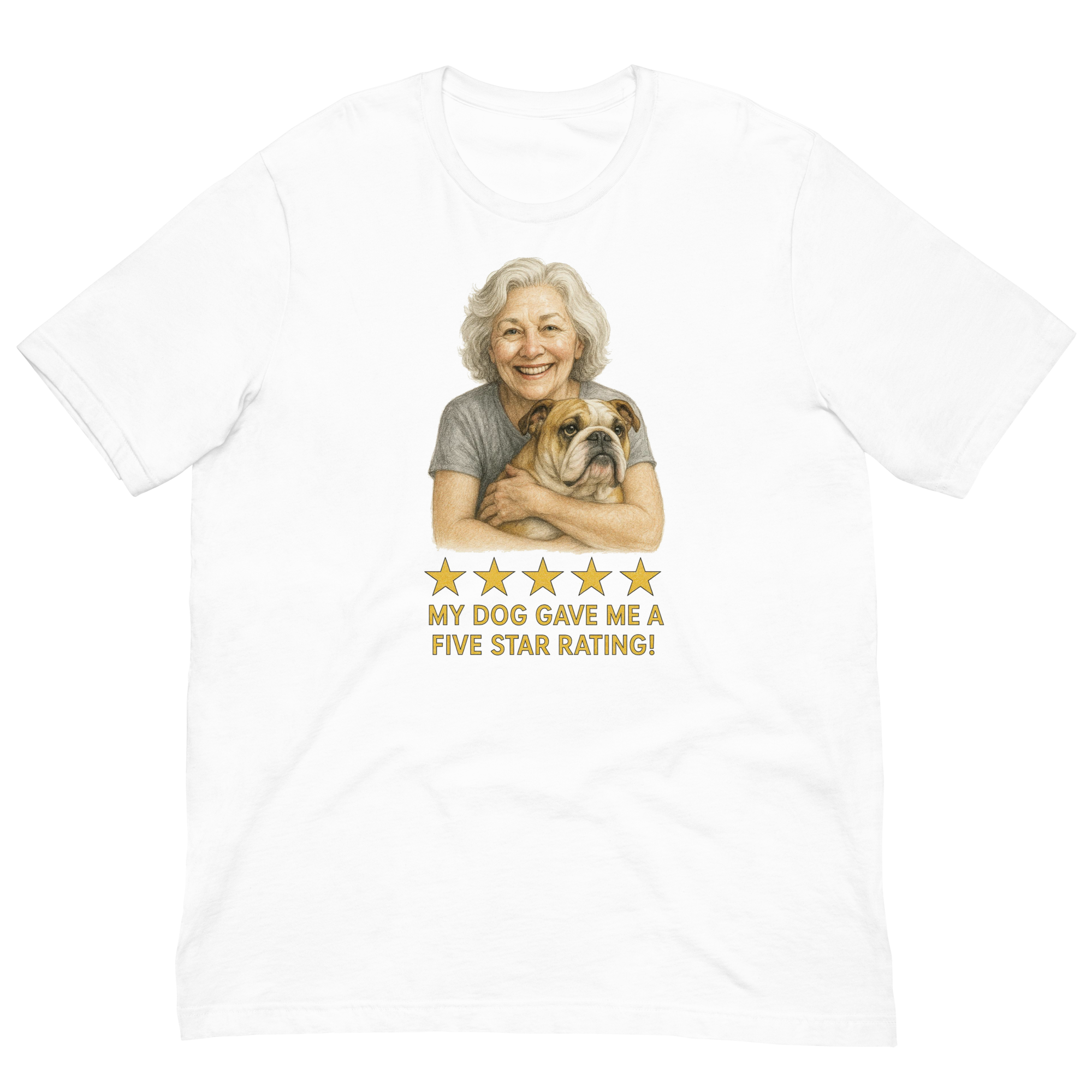 White Hair Woman with Bulldog graphic tee.