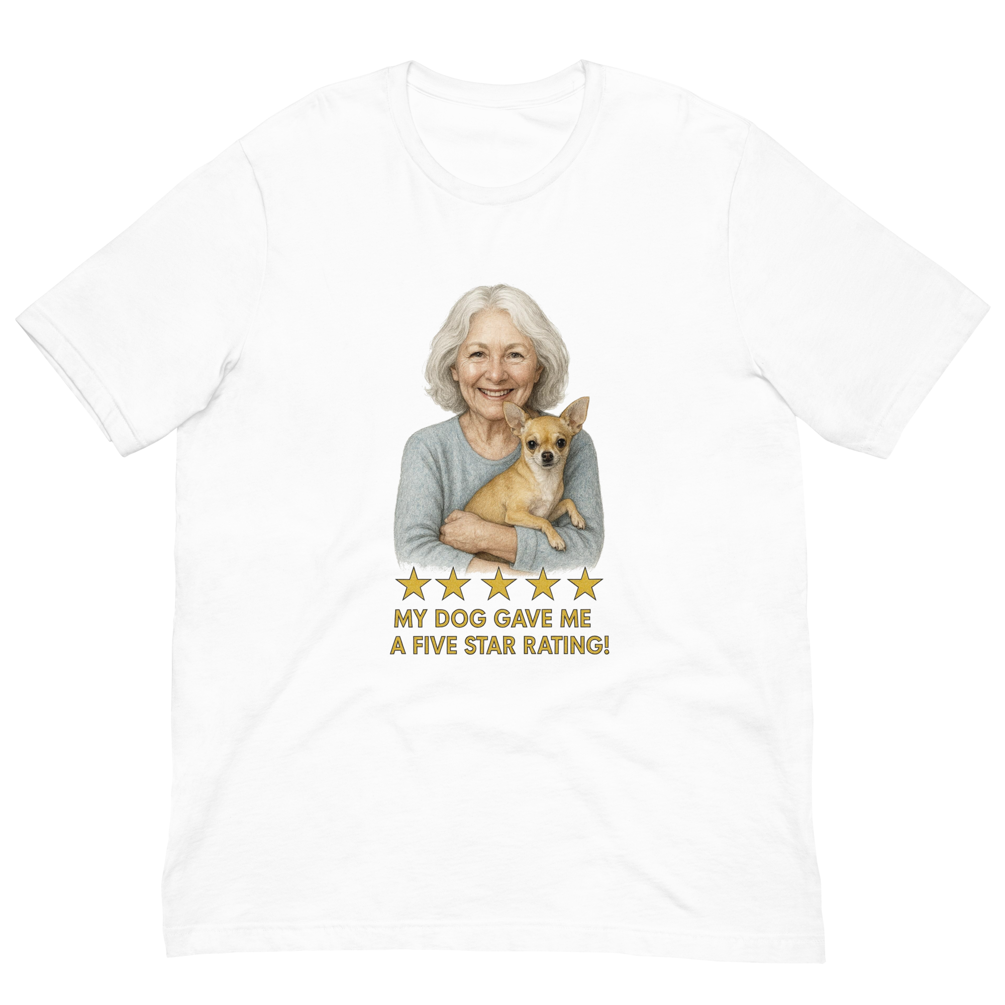 White Hair Woman with Chihuahua graphic tee.