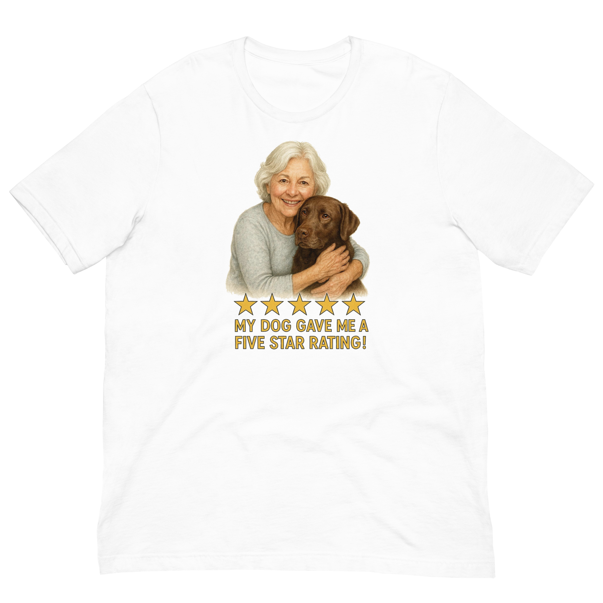 White Hair Woman with Chocolate Labrador graphic tee.