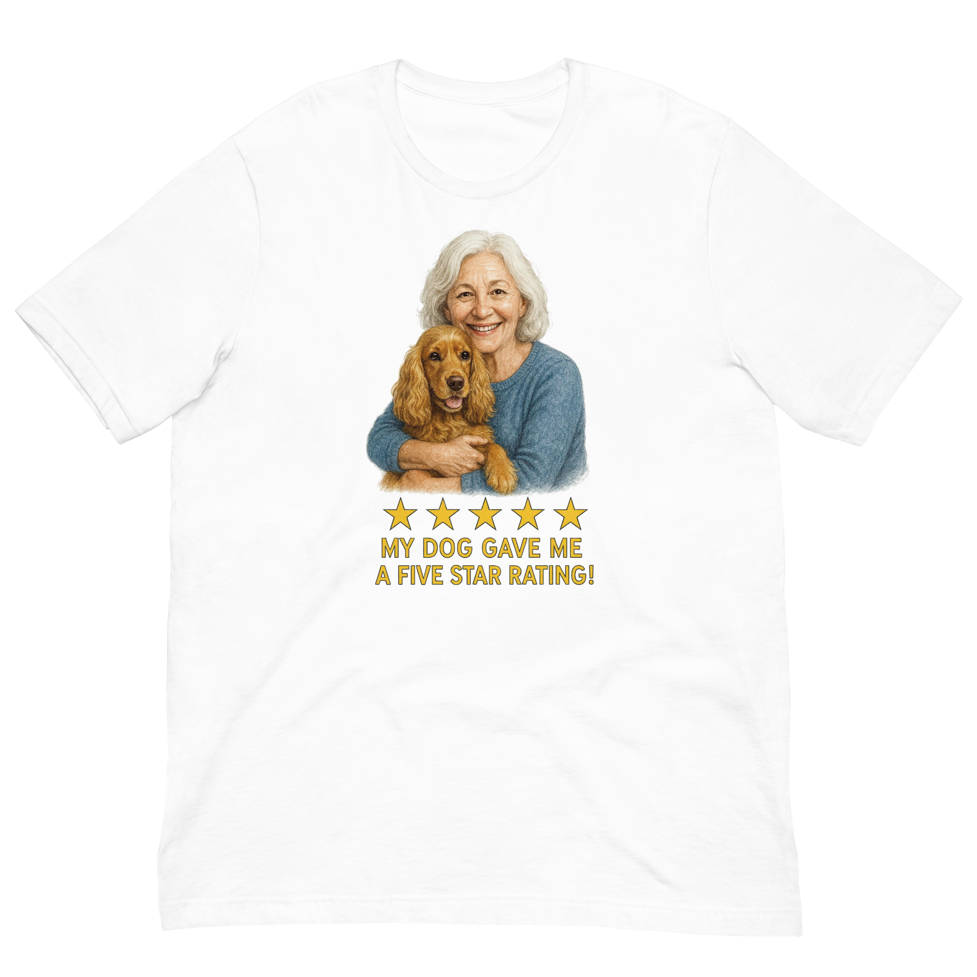 White Hair Woman with Cocker Spaniel graphic tee.