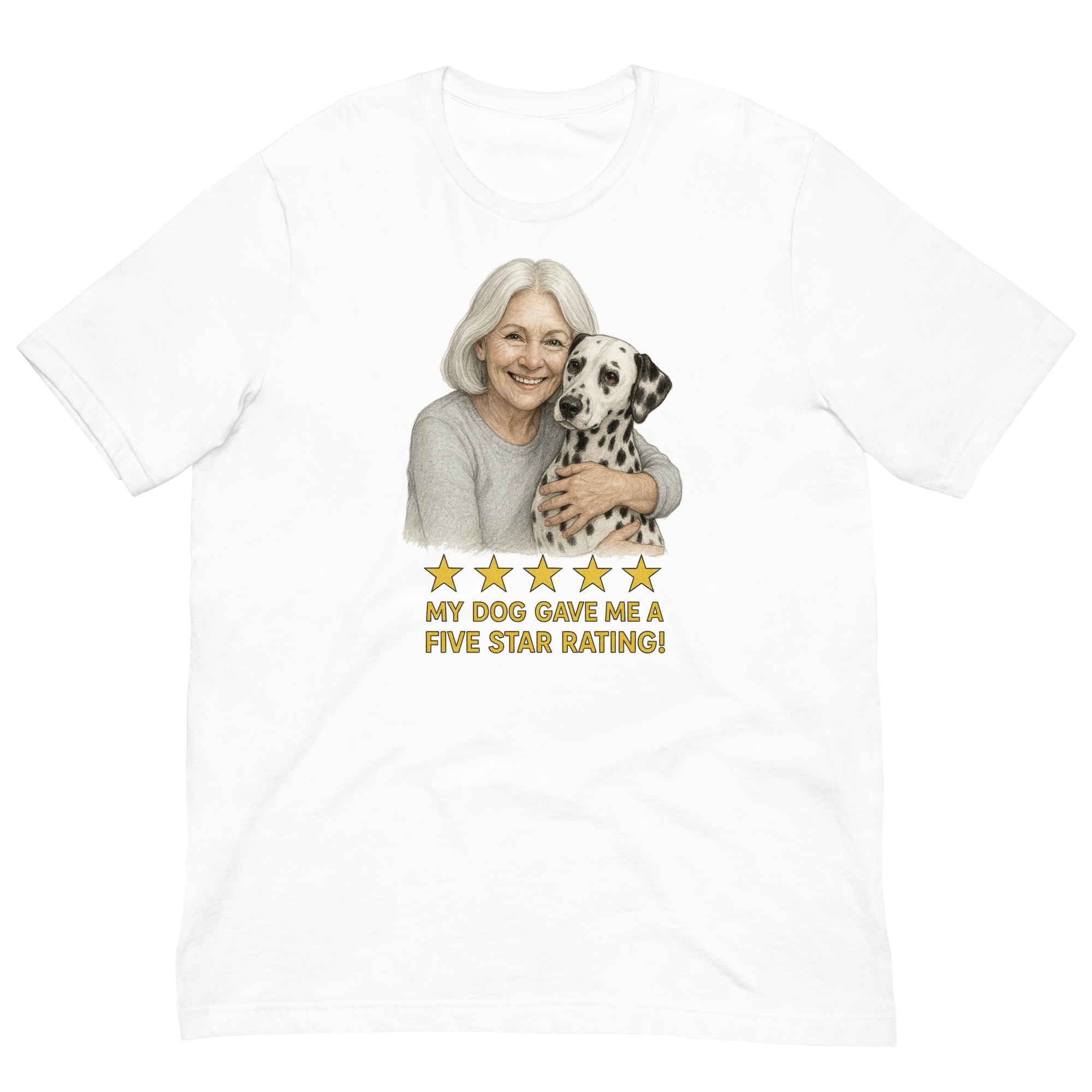White Hair Woman with Dalmatian graphic tee.