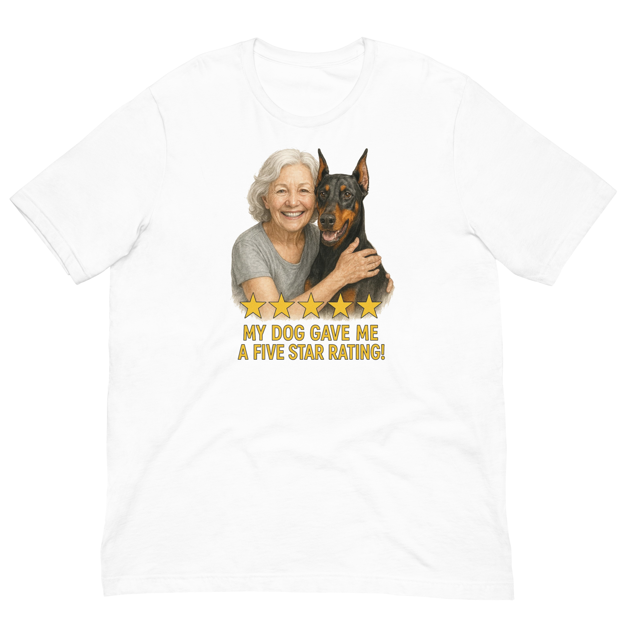 White Hair Woman with Doberman Pinscher graphic tee.