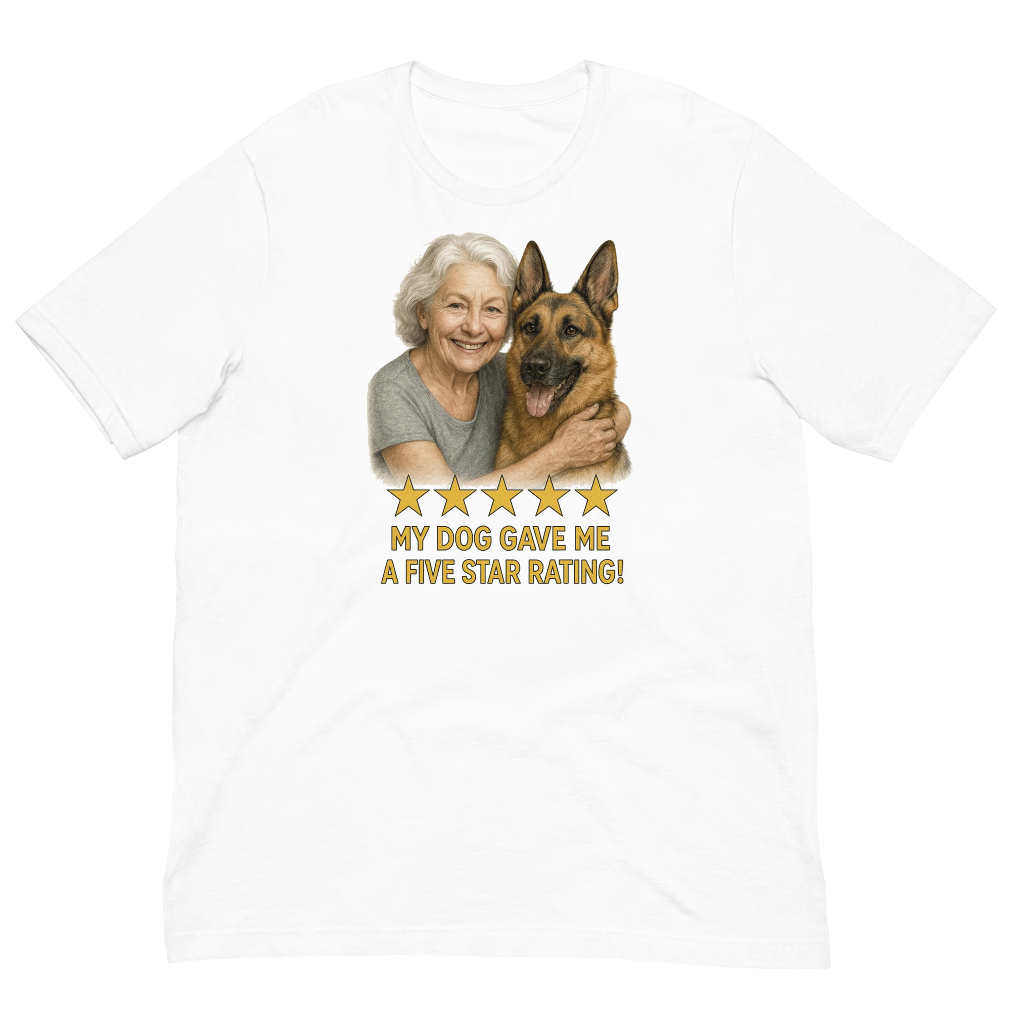 White Hair Woman with German Shepherd graphic tee.