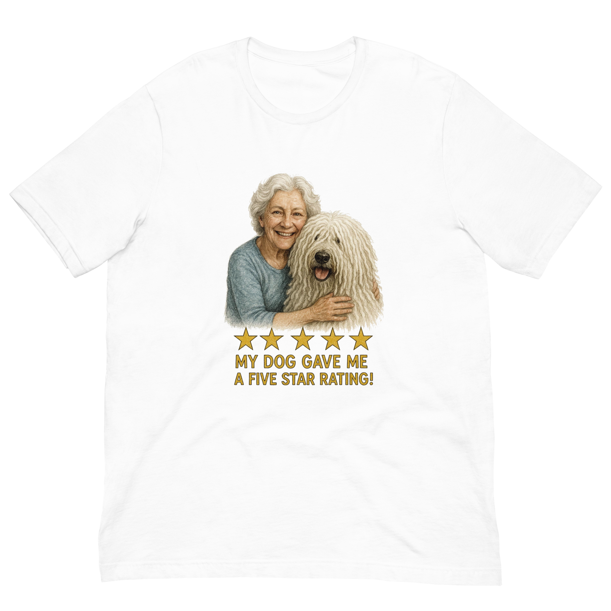 White Hair Woman with Komondor graphic tee.