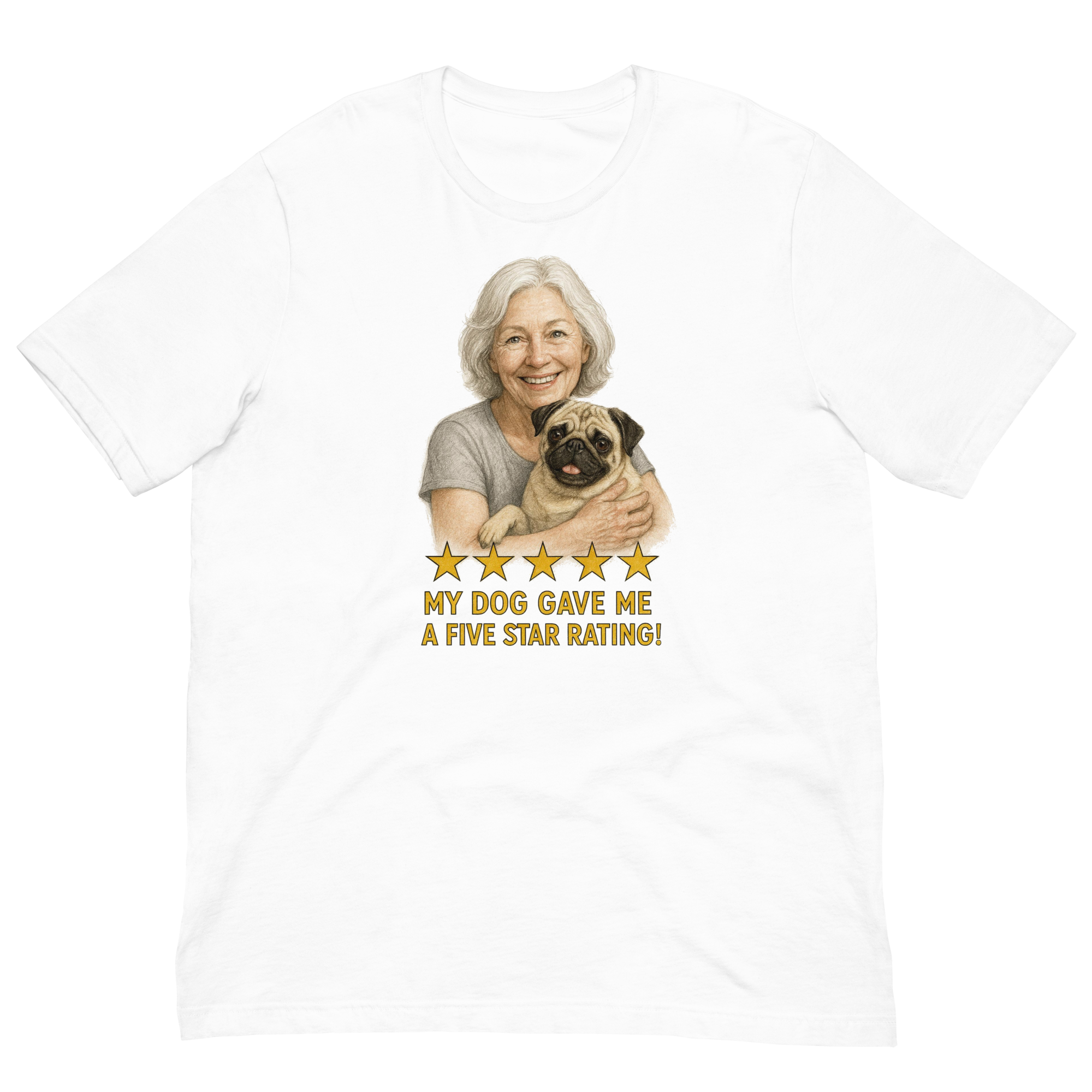 White Hair Woman with Pug graphic tee.