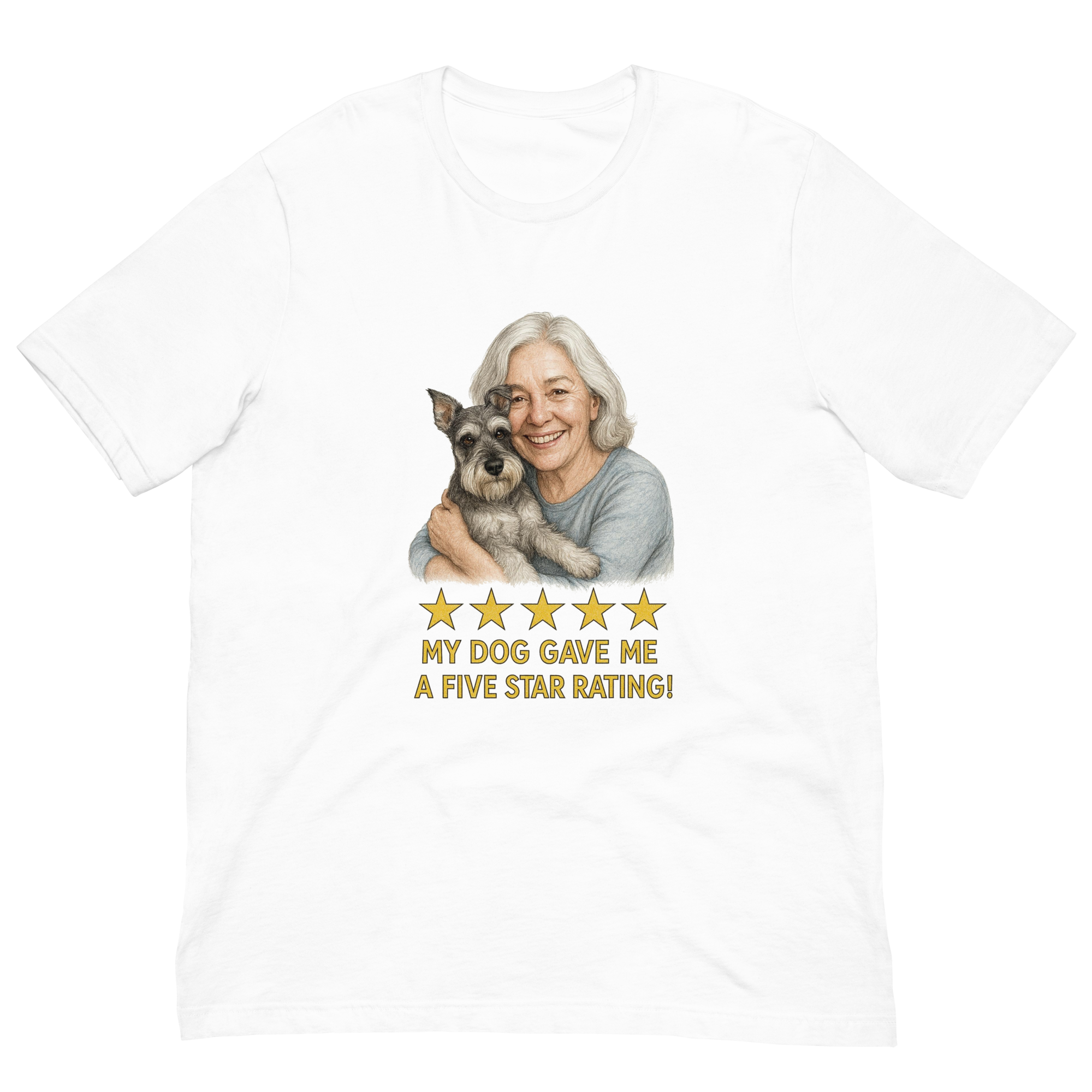 White Hair Woman with Schnauzer graphic tee.