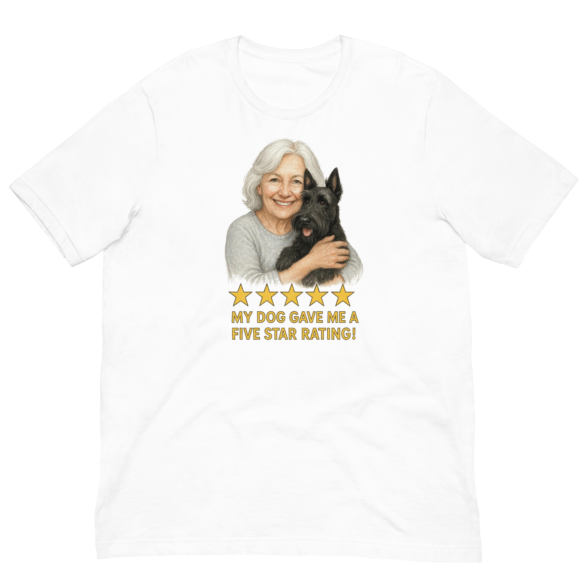 White Hair Woman with Scottie graphic tee.
