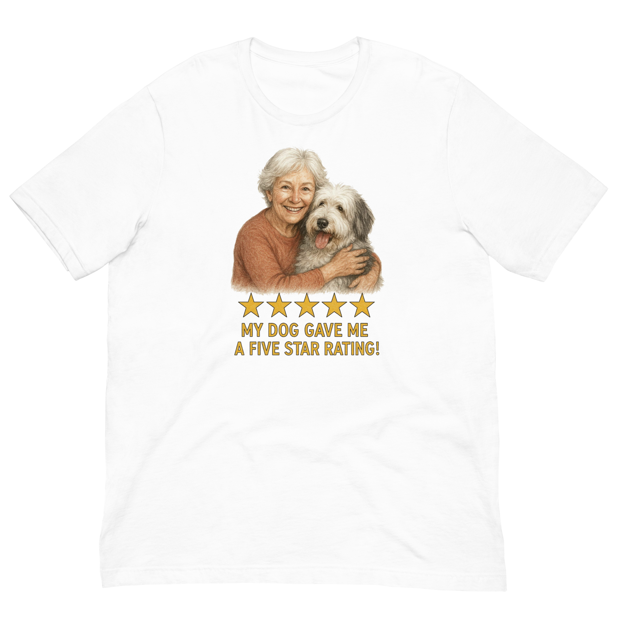 White Hair Woman with Sheepdog graphic tee.