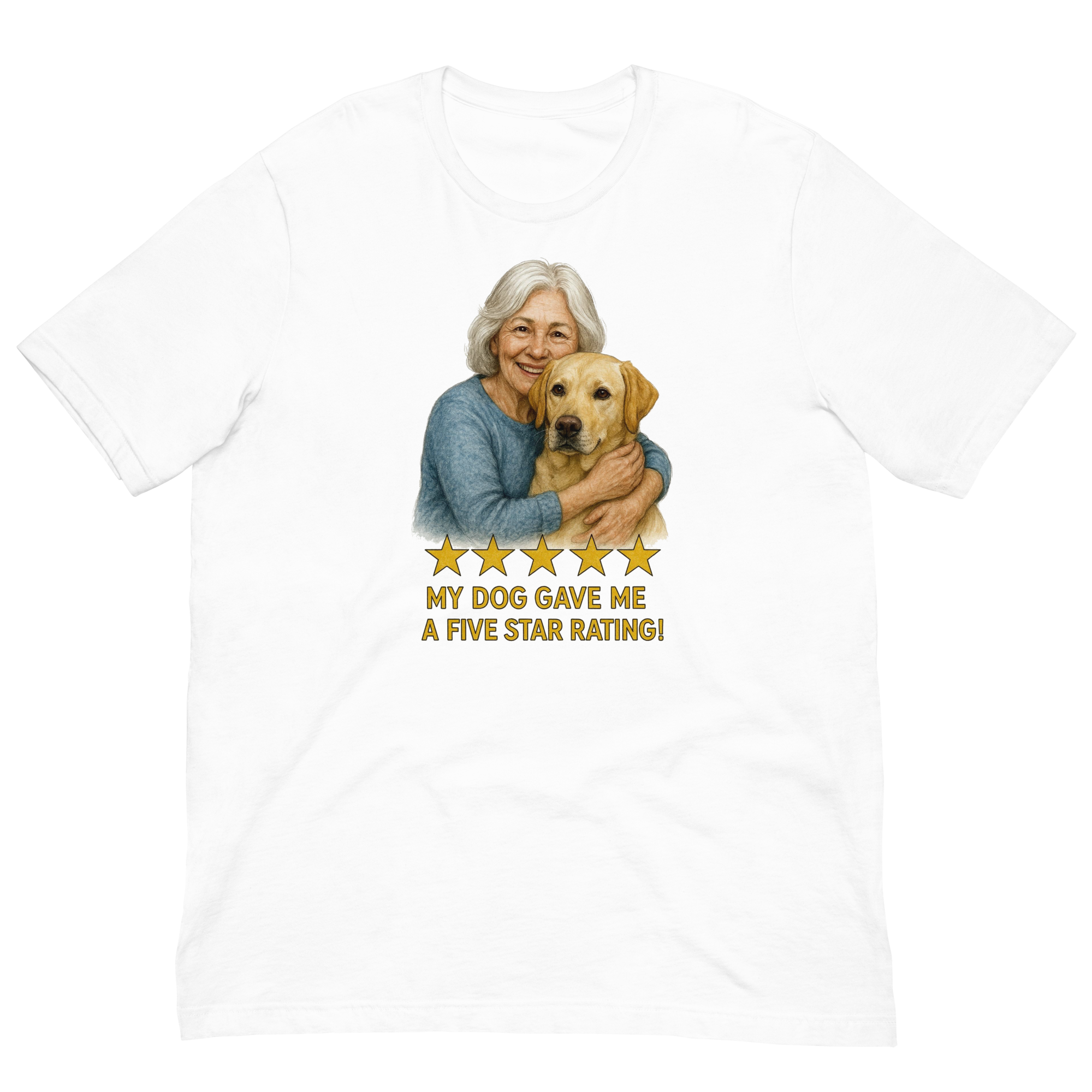 White Hair Woman with Yellow Labrador graphic tee.