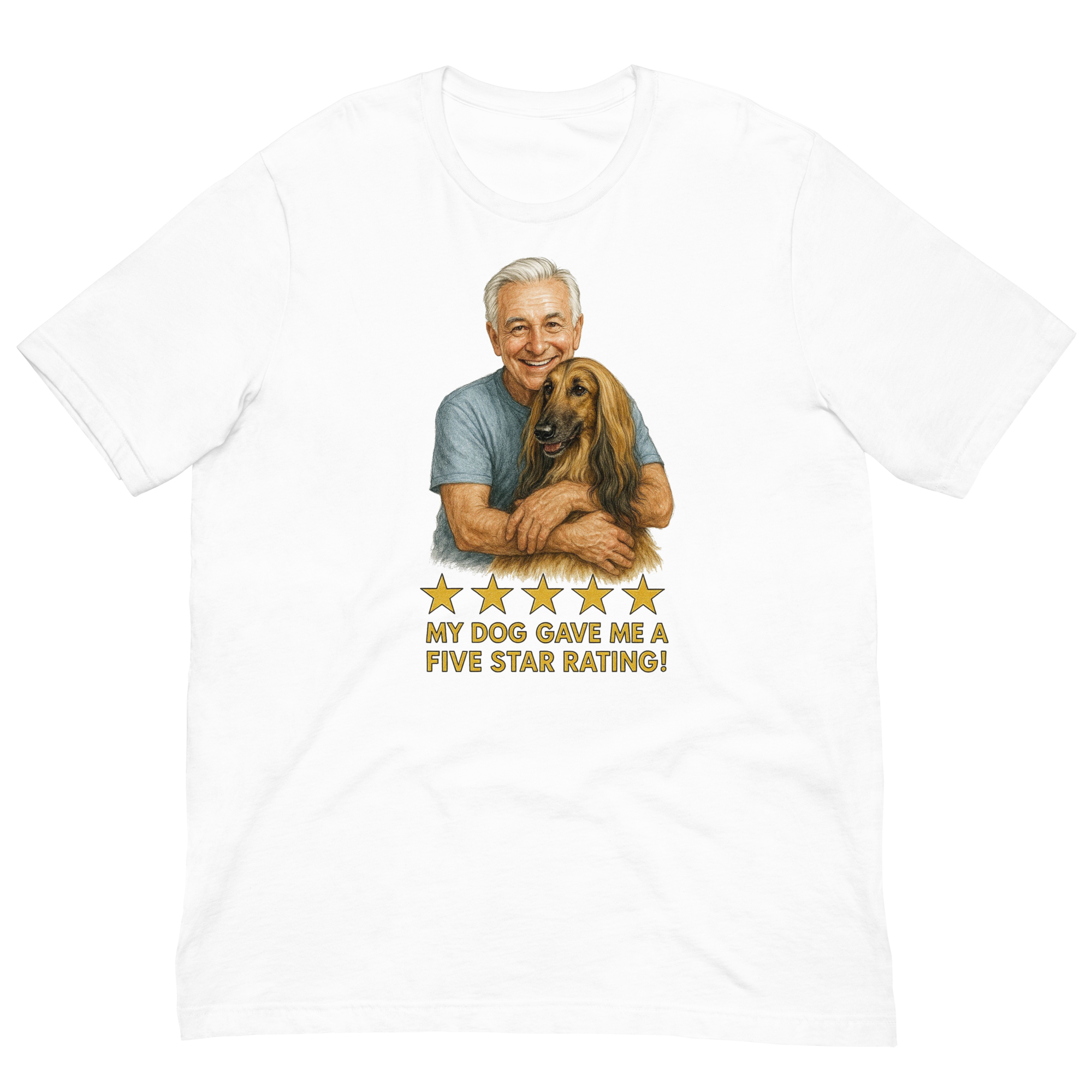 White Hair Man with Afghan Hound graphic tee.