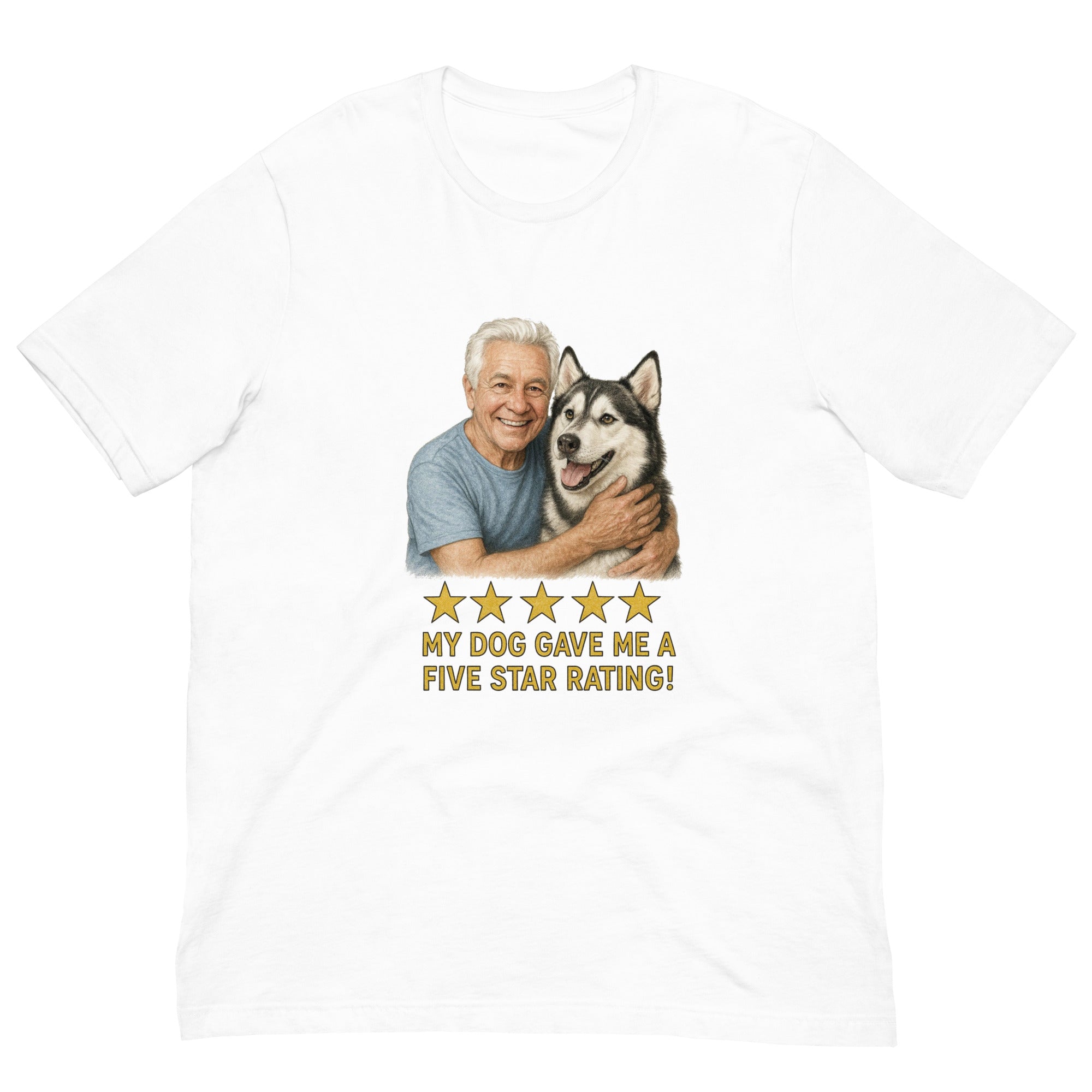 White Hair Man with Alaskan Husky graphic tee.