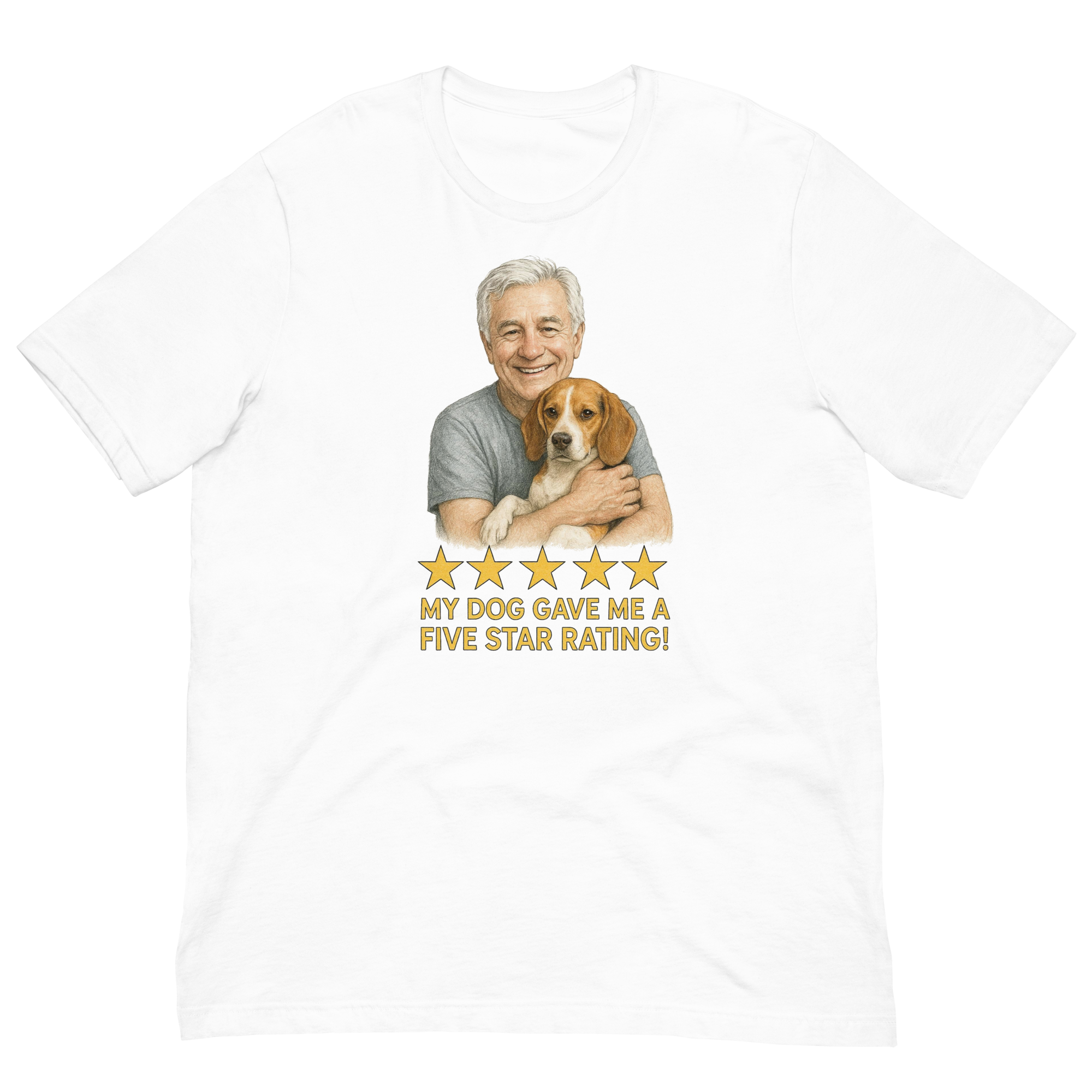 White Hair Man with Beagle graphic tee.