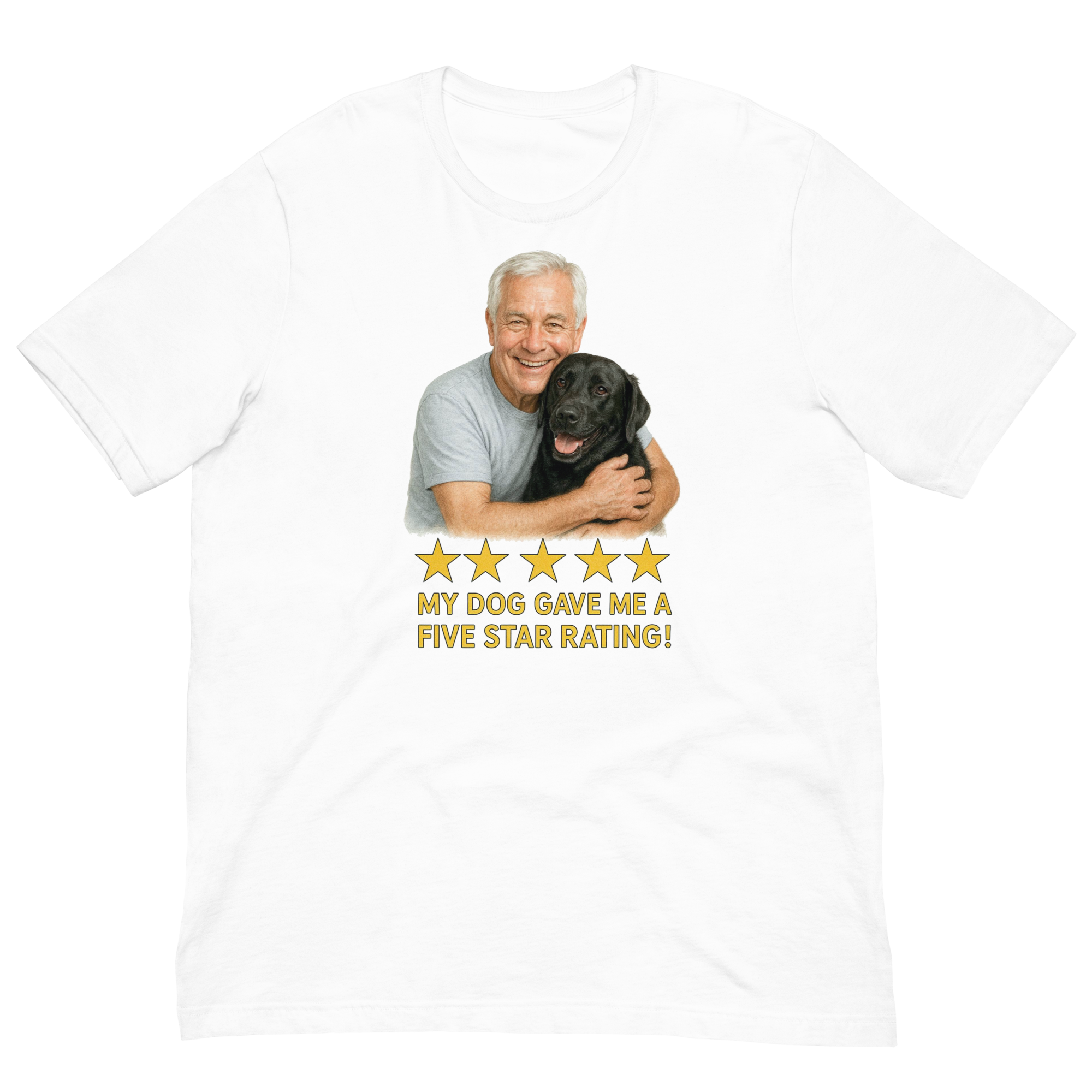 White Hair Man with Black Labrador graphic tee.