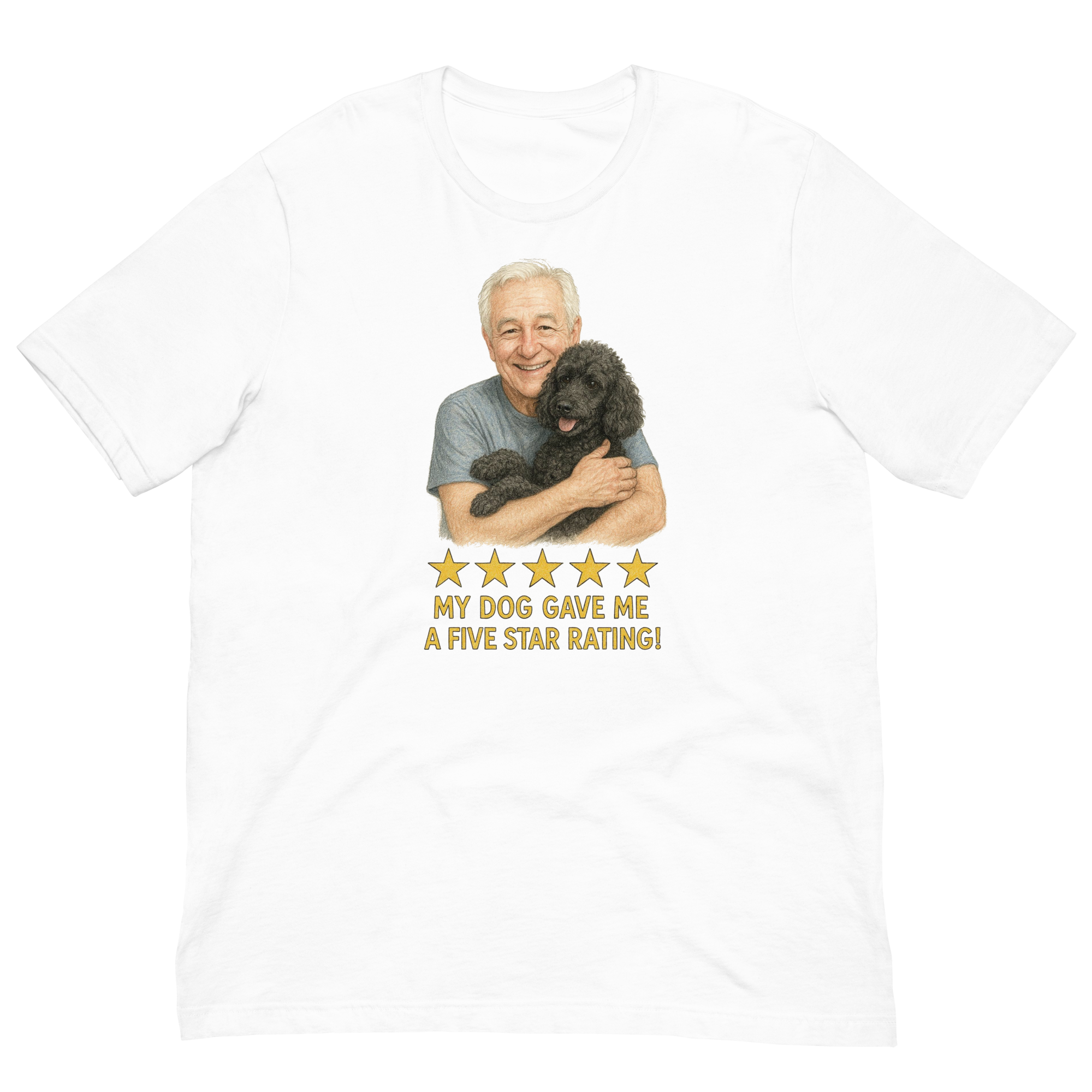 White Hair Man with Black Poodle graphic tee.