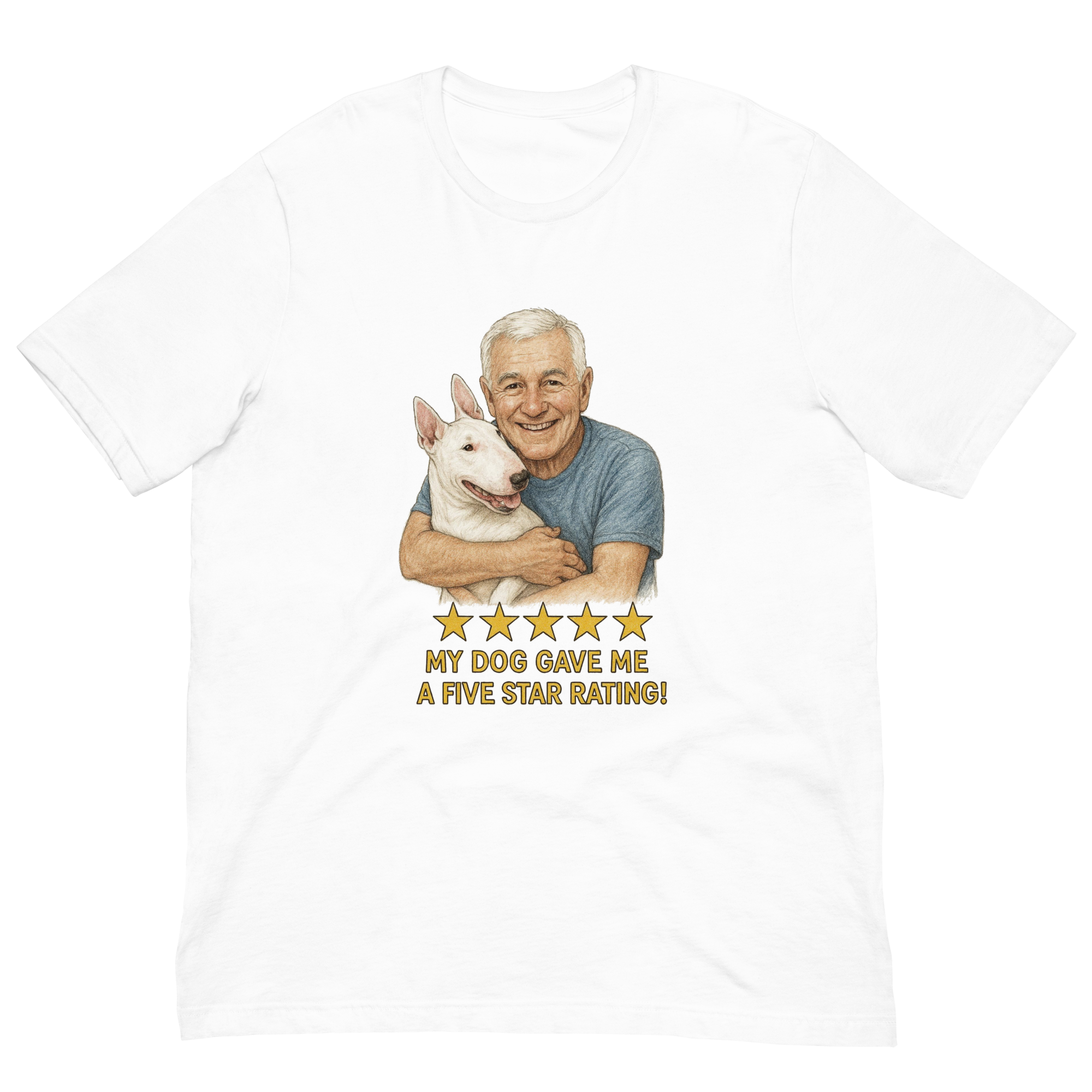 White Hair Man with Bull Terrier graphic tee.