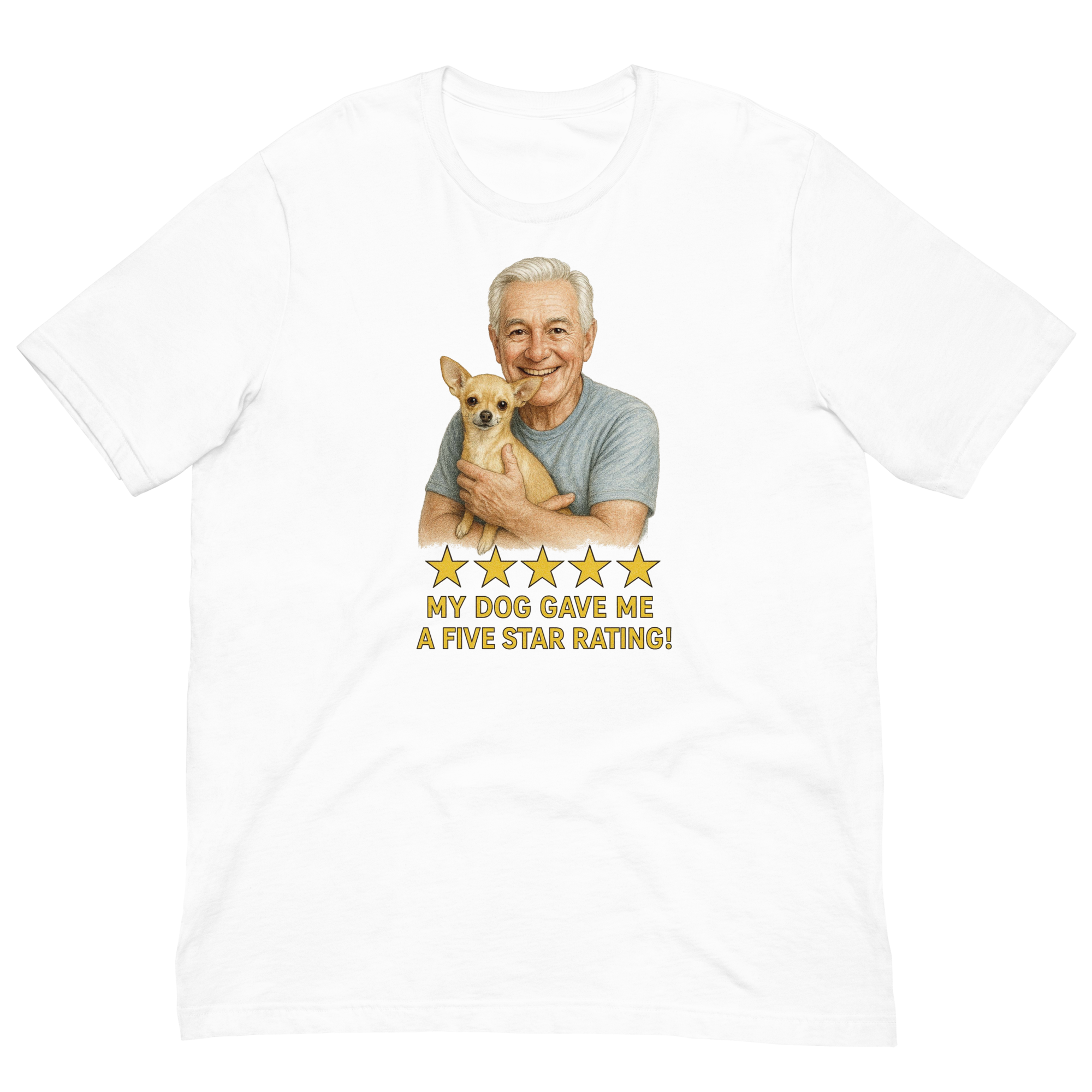 White Hair Man with Chihuahua graphic tee.