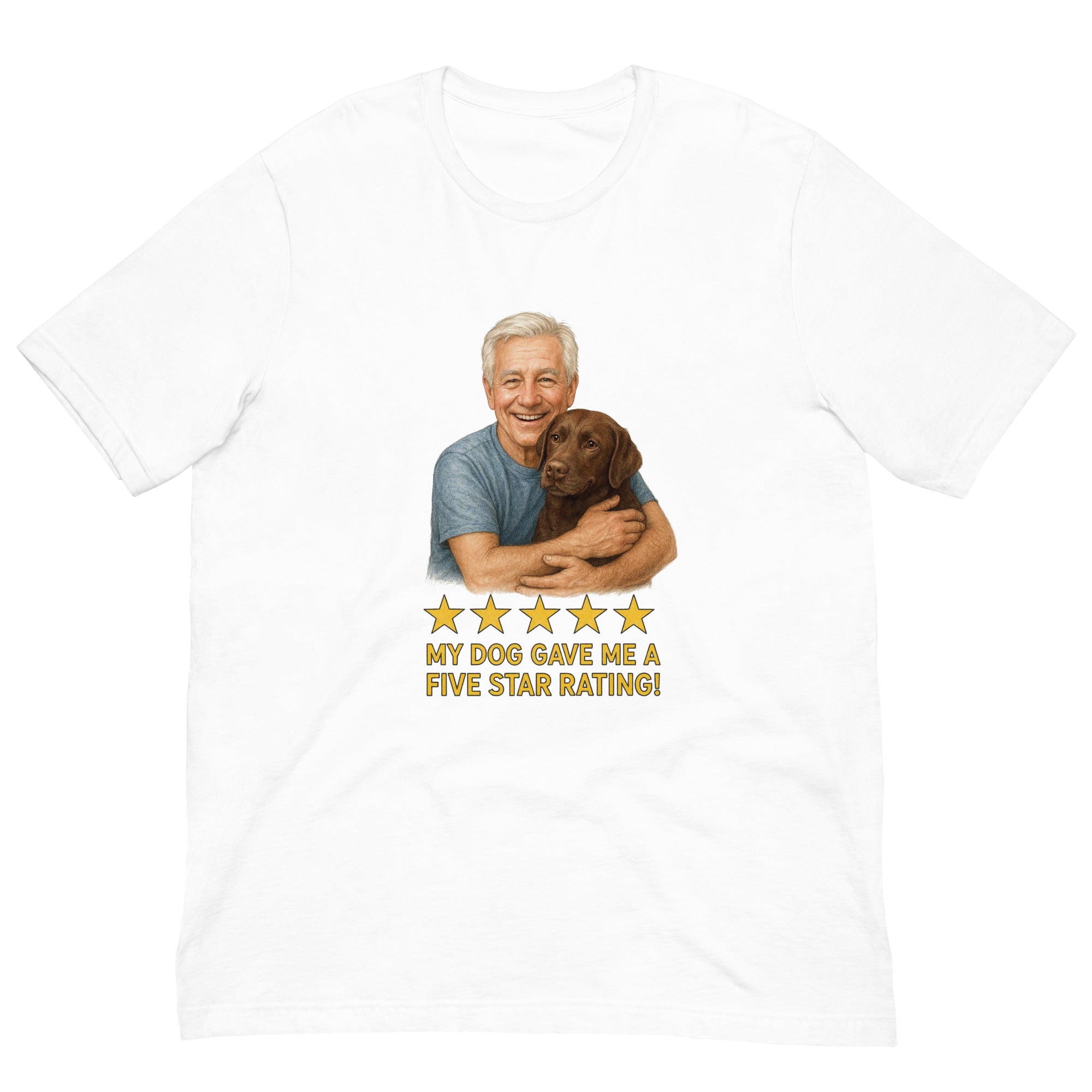 White Hair Man with Chocolate Labrador graphic tee.