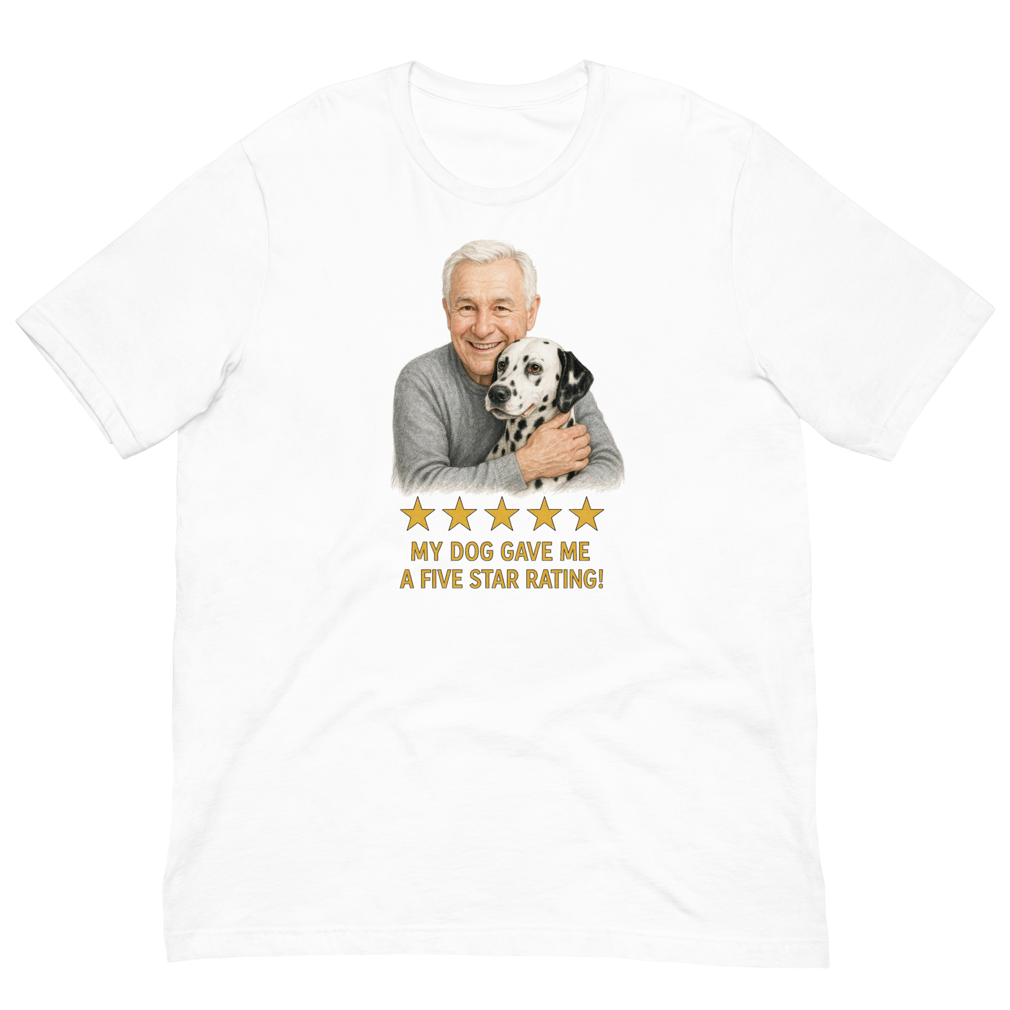 White Hair Man with Dalmatian graphic tee.