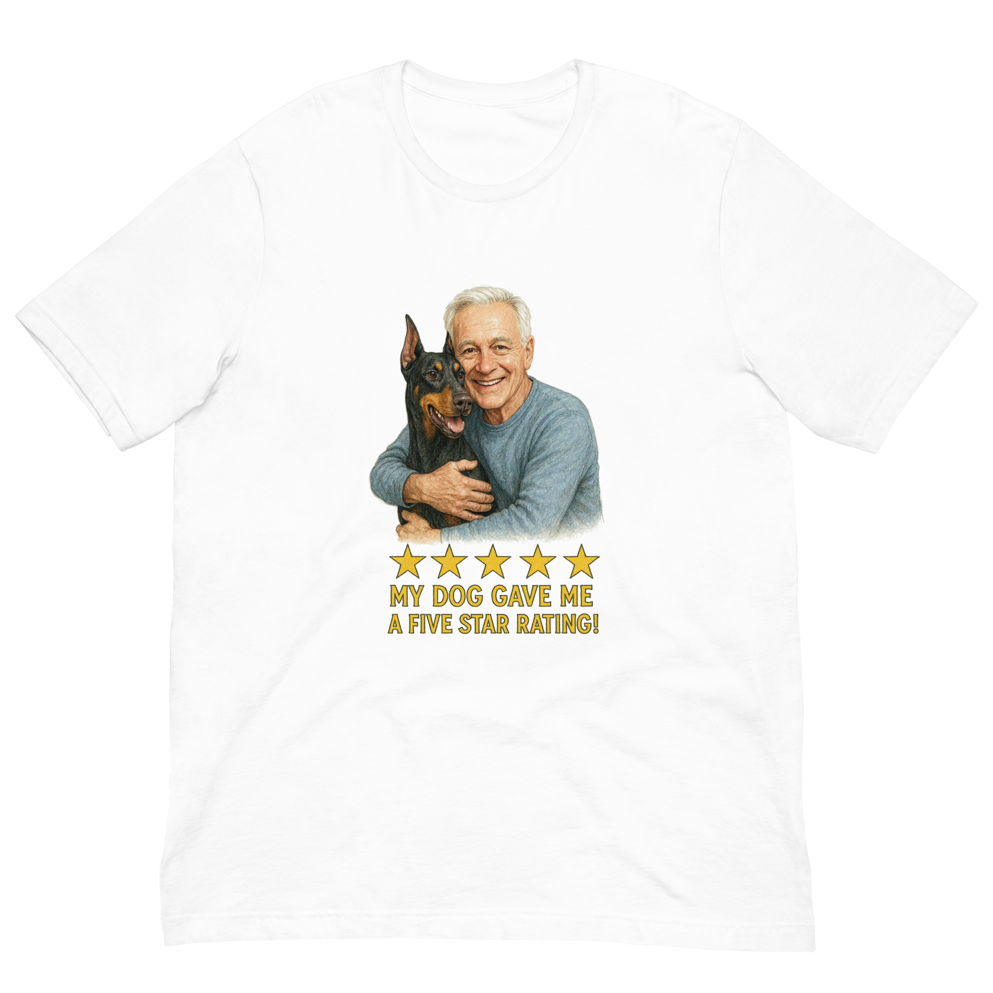 White Hair Man with Doberman Pinscher graphic tee.