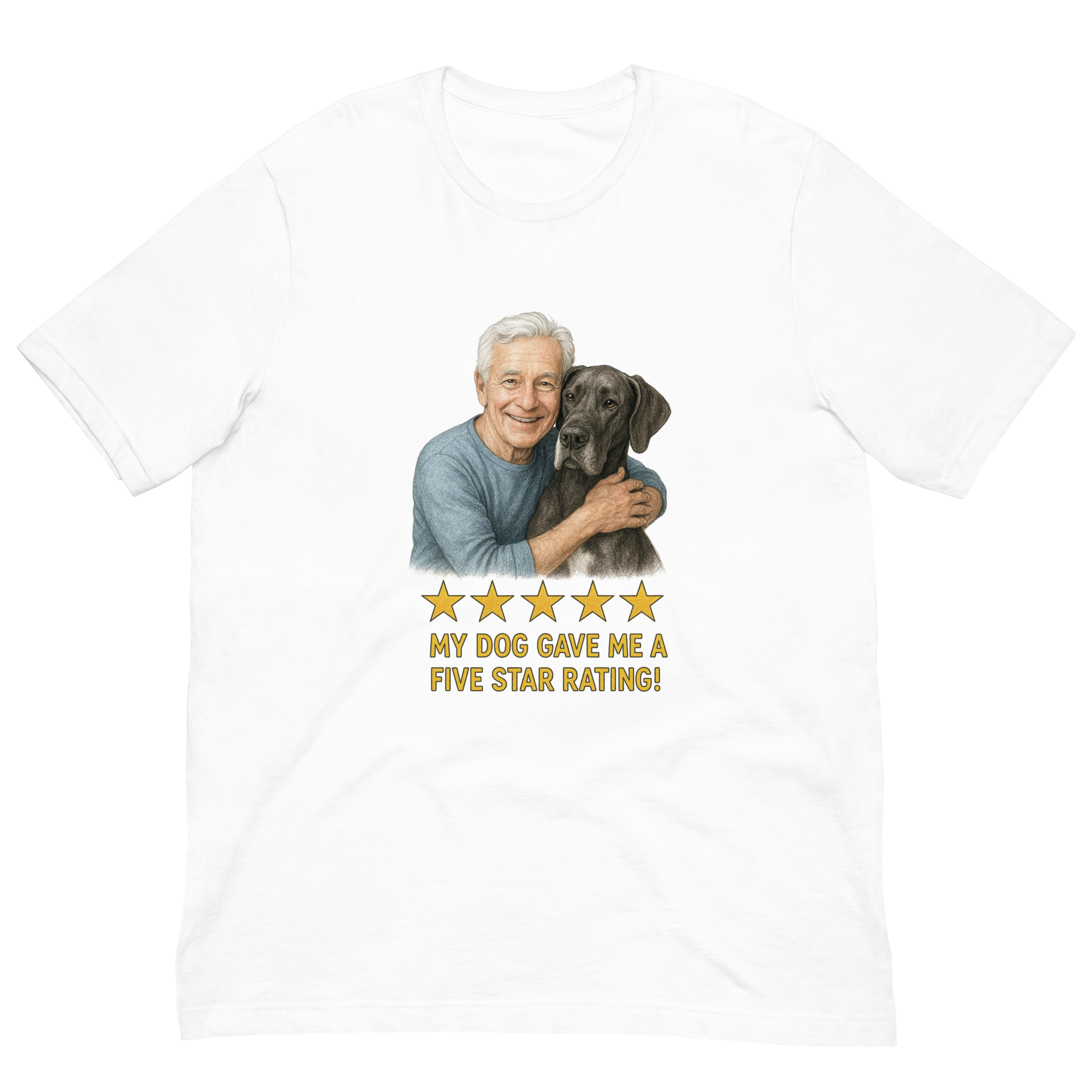 White Hair Man with Great Dane graphic tee.